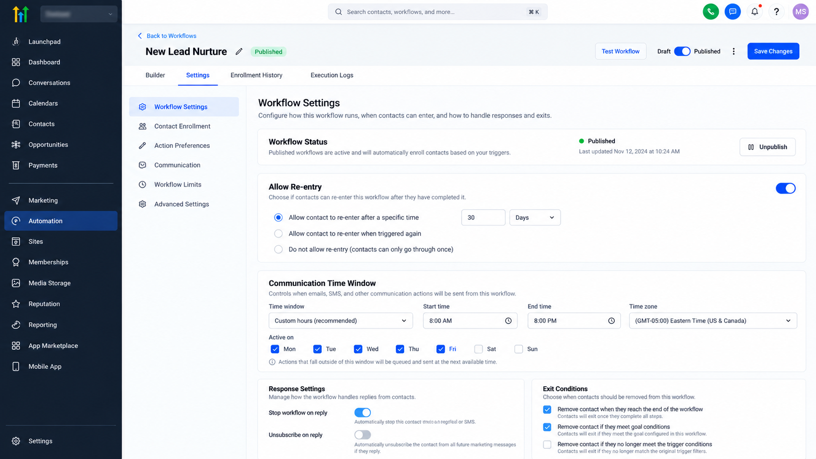 GoHighLevel workflow settings showing Allow Re-entry configuration and communication time window controls. GoHighLevel workflow settings showing Allow Re-entry configuration and communication time window controls.