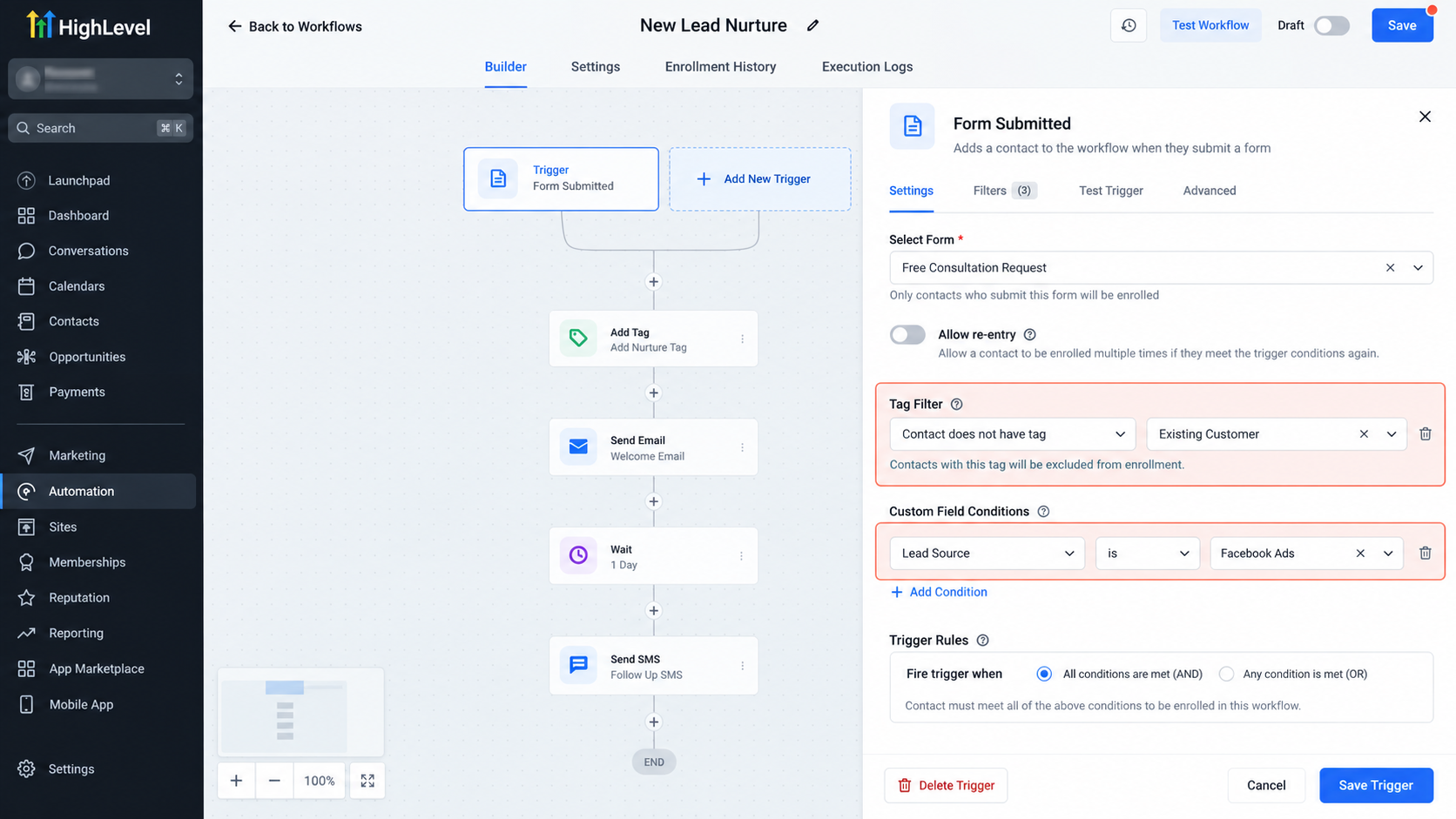 GoHighLevel Form Submitted trigger configuration showing tag filters and custom field conditions affecting workflow enrollment. GoHighLevel Form Submitted trigger configuration showing tag filters and custom field conditions affecting workflow enrollment.