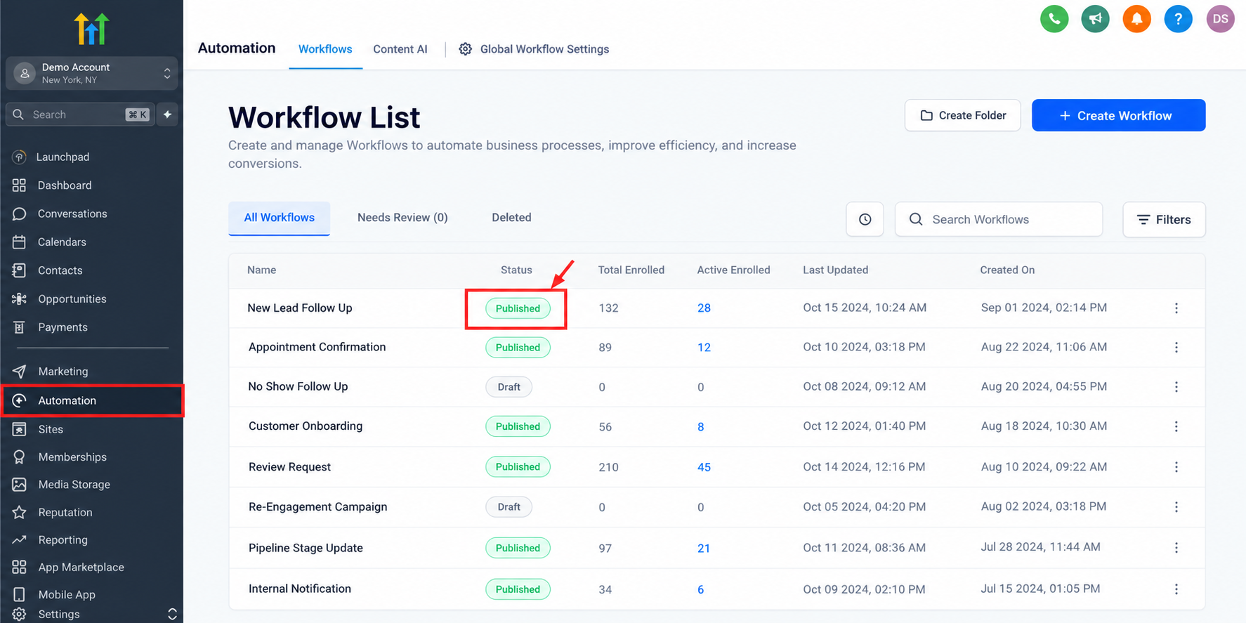 GoHighLevel workflow dashboard highlighting the Published status of a lead follow-up automation for workflow troubleshooting. GoHighLevel workflow dashboard highlighting the Published status of a lead follow-up automation for workflow troubleshooting.