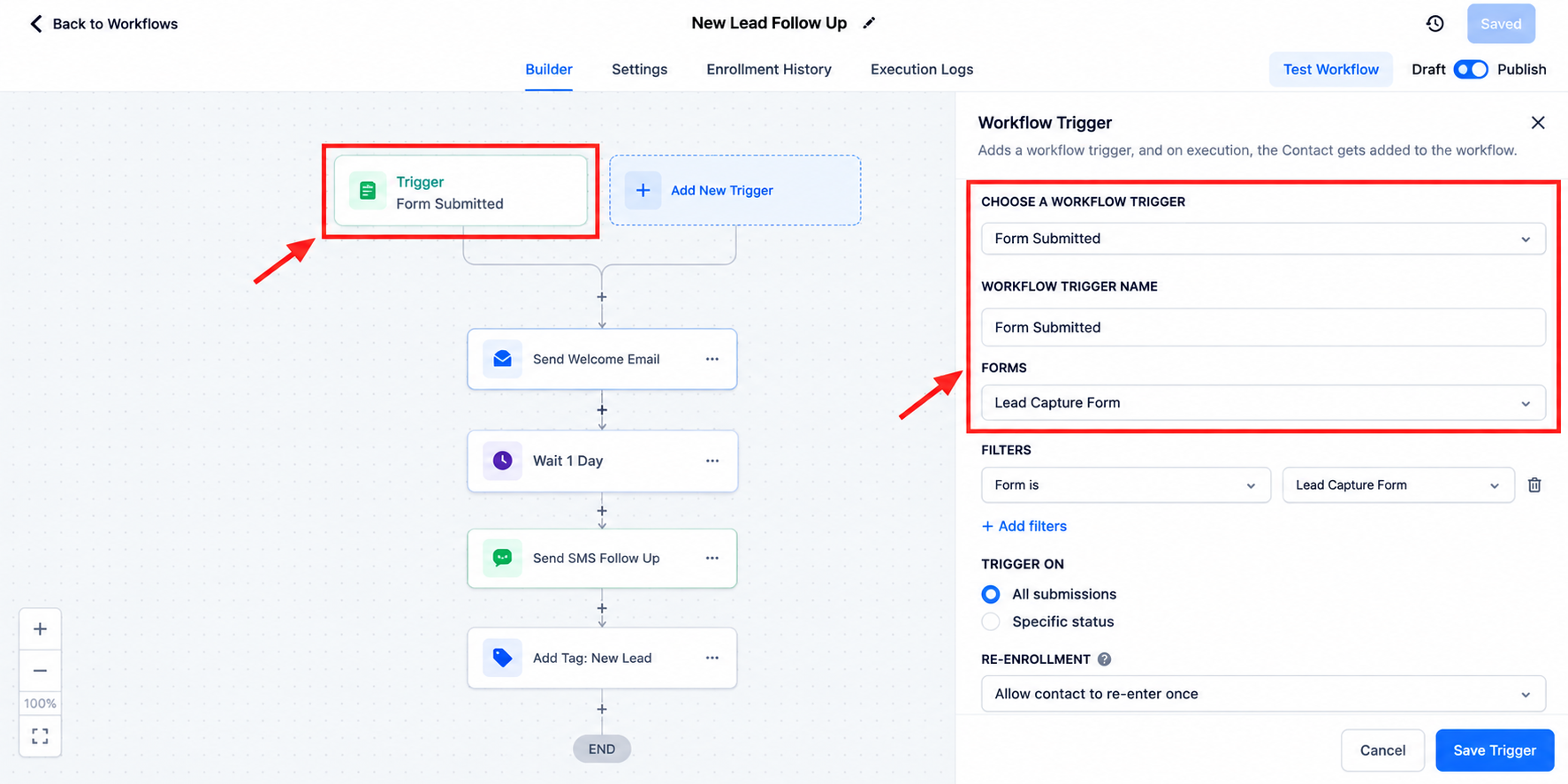 GoHighLevel workflow builder illustrating Form Submitted trigger configuration, form selection, and trigger filters for troubleshooting automation issues. GoHighLevel workflow builder illustrating Form Submitted trigger configuration, form selection, and trigger filters for troubleshooting automation issues.