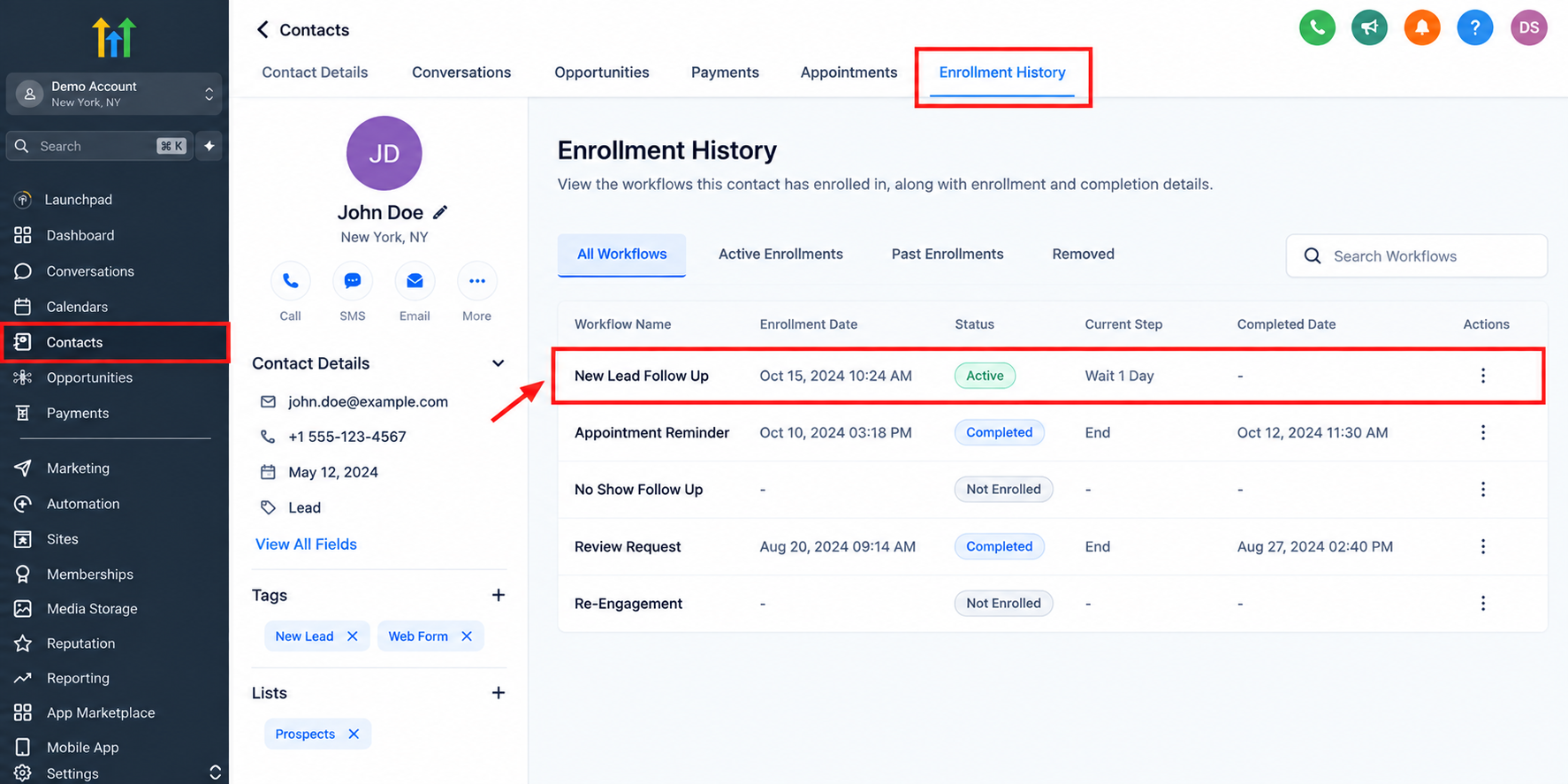 GoHighLevel workflow enrollment history illustration showing contact enrollment status, workflow name, enrollment date, and current automation step. GoHighLevel workflow enrollment history illustration showing contact enrollment status, workflow name, enrollment date, and current automation step.