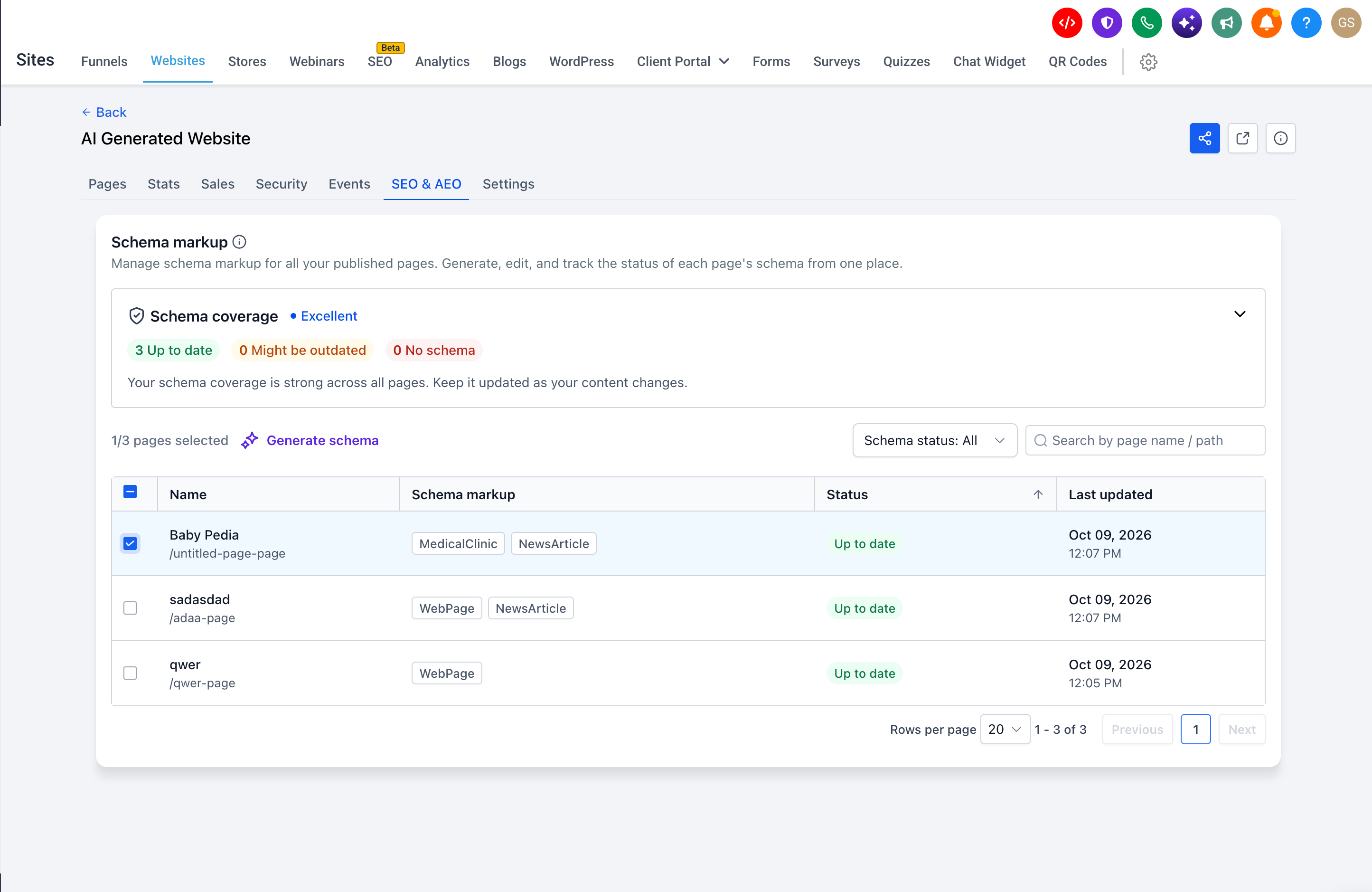 GoHighLevel schema dashboard with a website page selected and the Generate schema action available. GoHighLevel schema dashboard with a website page selected and the Generate schema action available.