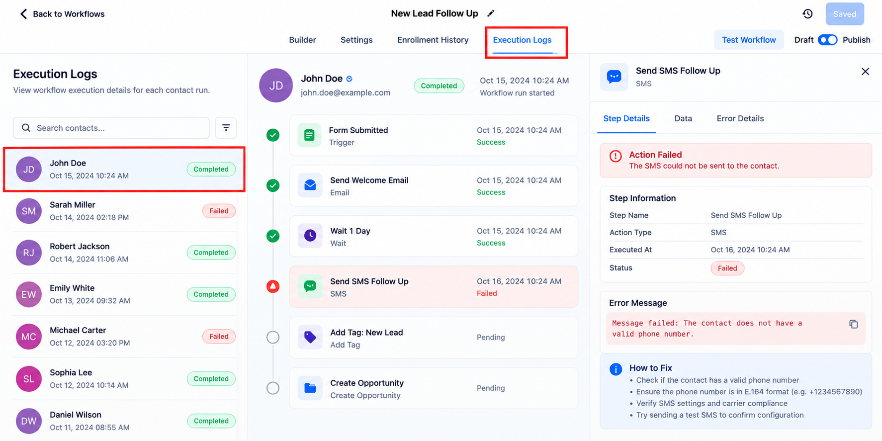GoHighLevel workflow Execution Logs illustration highlighting a failed SMS action, invalid phone number error, and troubleshooting details. GoHighLevel workflow Execution Logs illustration highlighting a failed SMS action, invalid phone number error, and troubleshooting details.