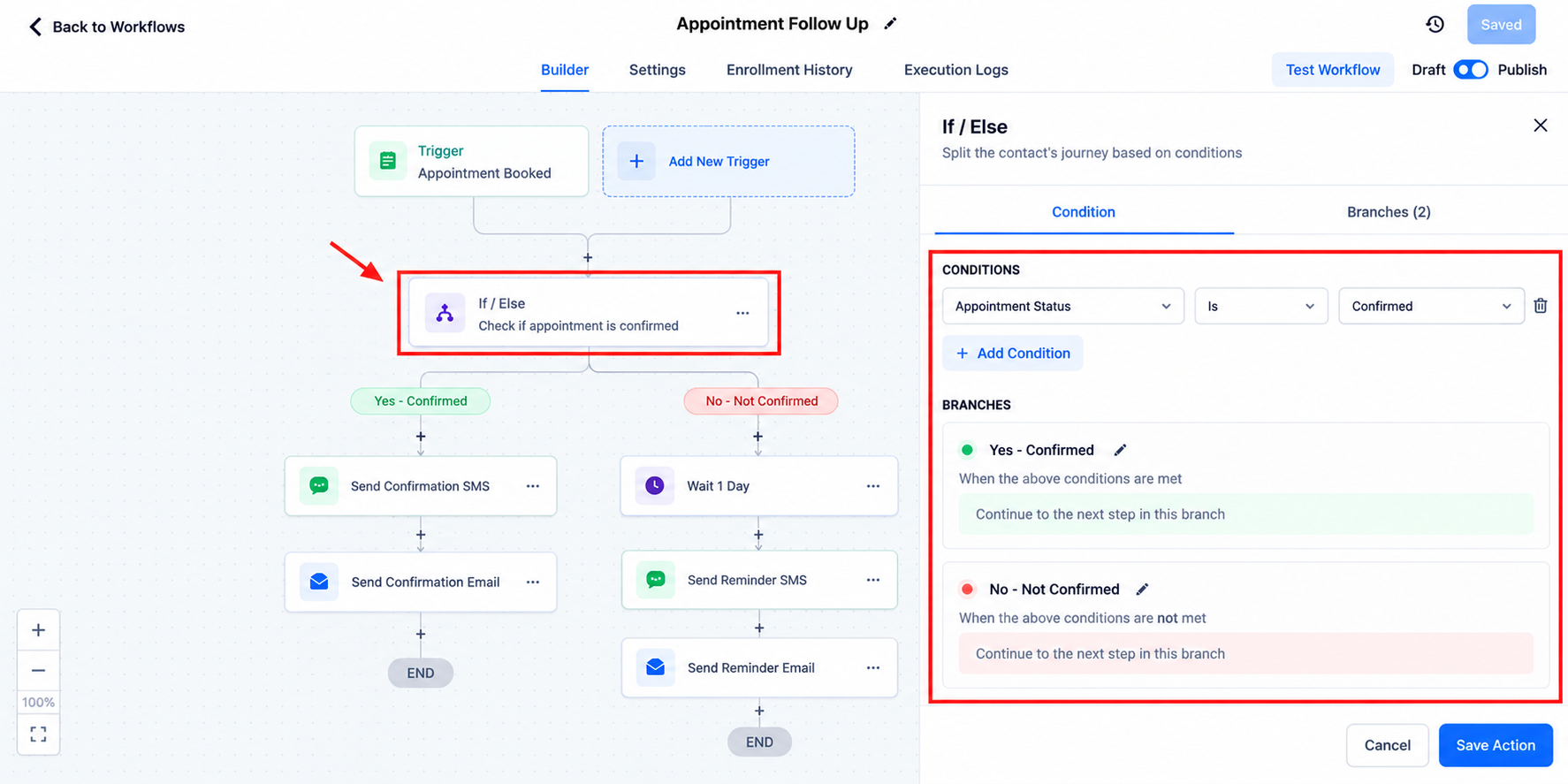GoHighLevel workflow builder illustrating If/Else conditions that separate confirmed appointments from contacts requiring additional follow-up. GoHighLevel workflow builder illustrating If/Else conditions that separate confirmed appointments from contacts requiring additional follow-up.