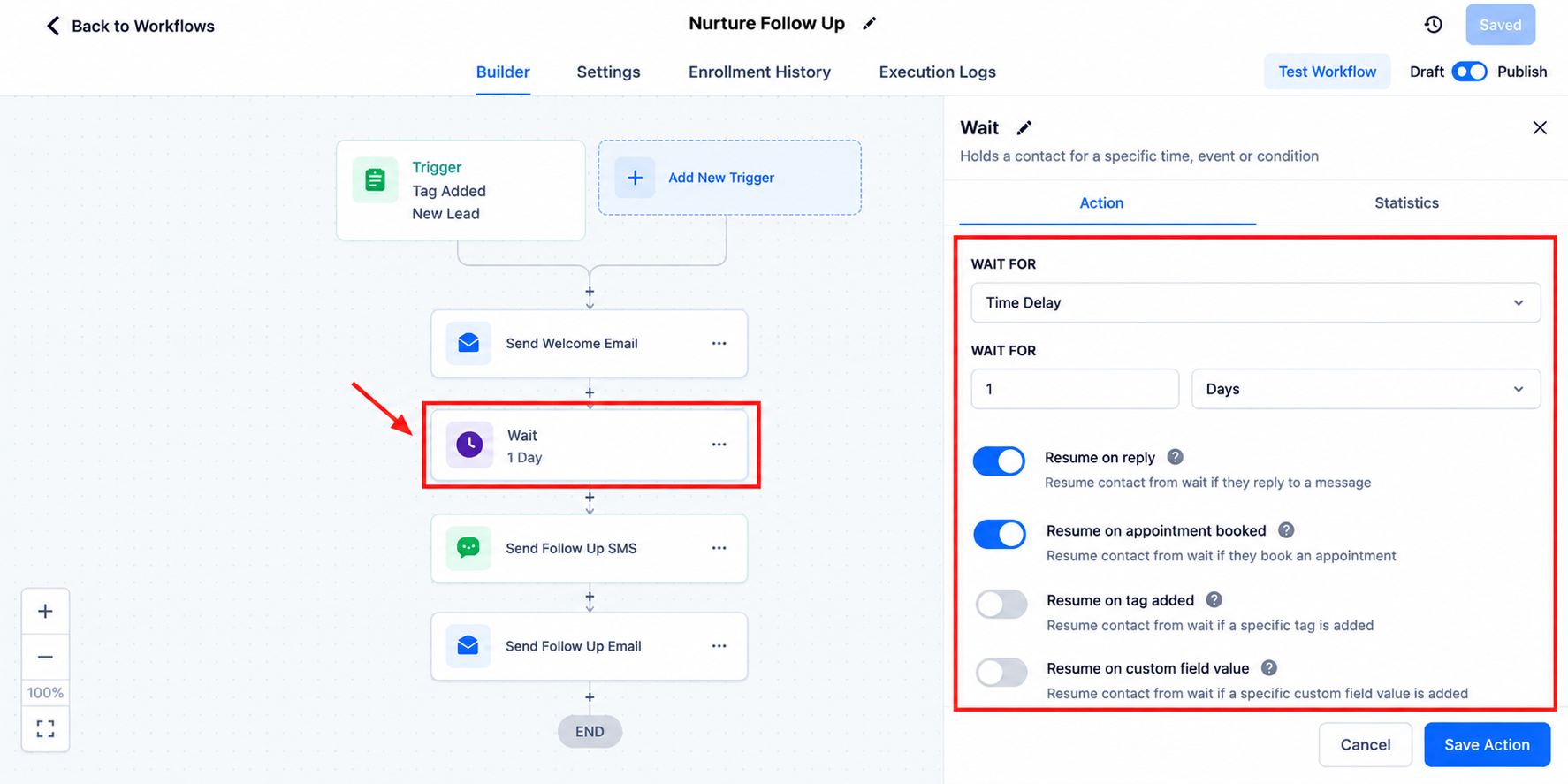 GoHighLevel workflow Wait action configuration illustrating a one-day delay and follow-up automation timing settings for troubleshooting. GoHighLevel workflow Wait action configuration illustrating a one-day delay and follow-up automation timing settings for troubleshooting.