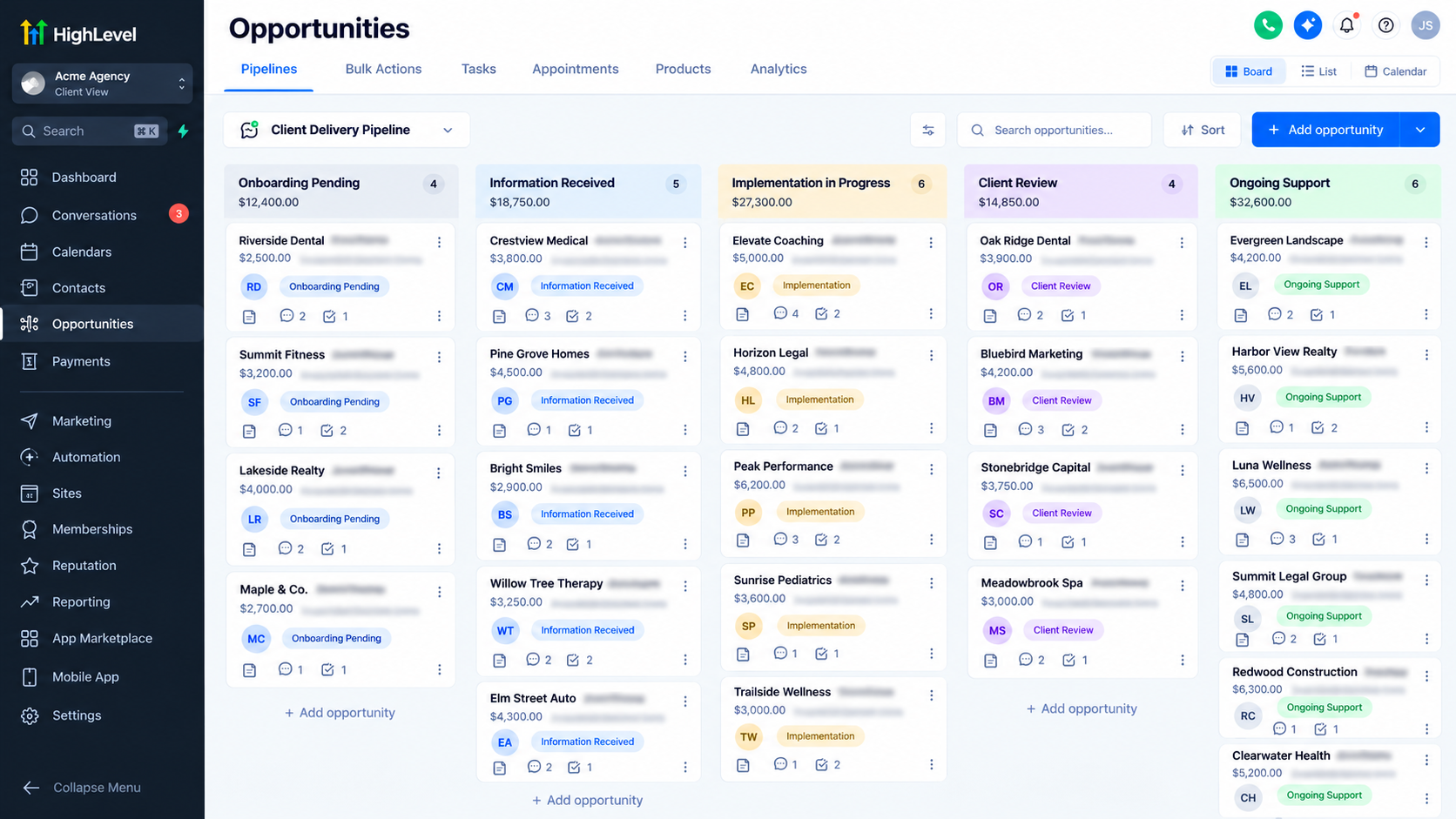 GoHighLevel Opportunities pipeline showing client onboarding, implementation, client review, and ongoing support stages. GoHighLevel Opportunities pipeline showing client onboarding, implementation, client review, and ongoing support stages.