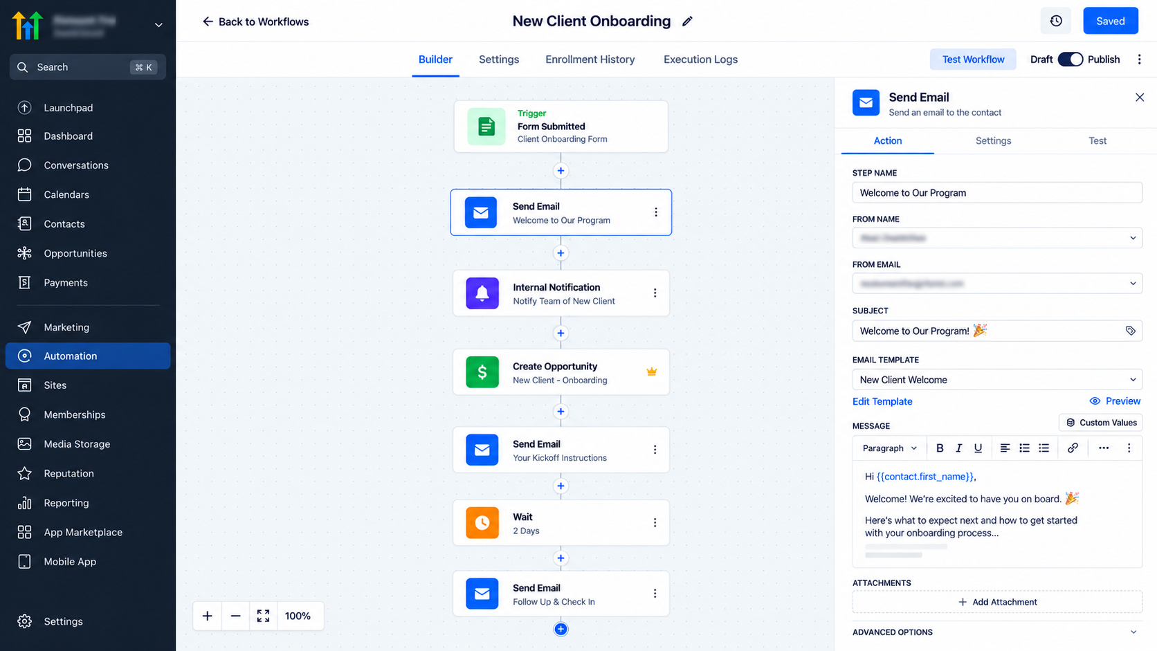 GoHighLevel workflow builder showing automated client onboarding emails, internal notifications, and opportunity creation. GoHighLevel workflow builder showing automated client onboarding emails, internal notifications, and opportunity creation.