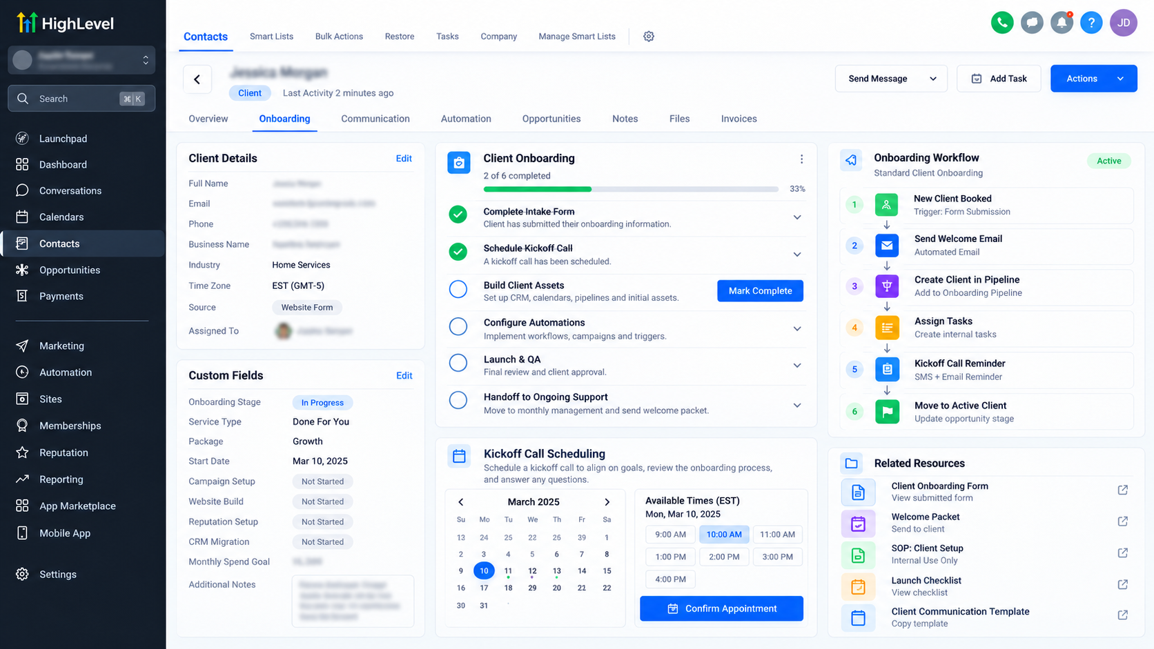 GoHighLevel client onboarding dashboard displaying custom fields, onboarding checklist, kickoff scheduling, and workflow automation. GoHighLevel client onboarding dashboard displaying custom fields, onboarding checklist, kickoff scheduling, and workflow automation.