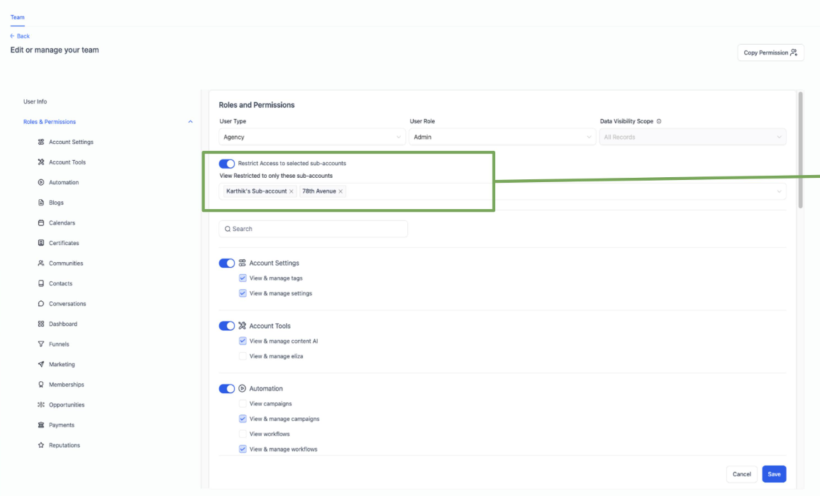GoHighLevel account settings showing user access and team permissions. GoHighLevel account settings showing user access and team permissions.