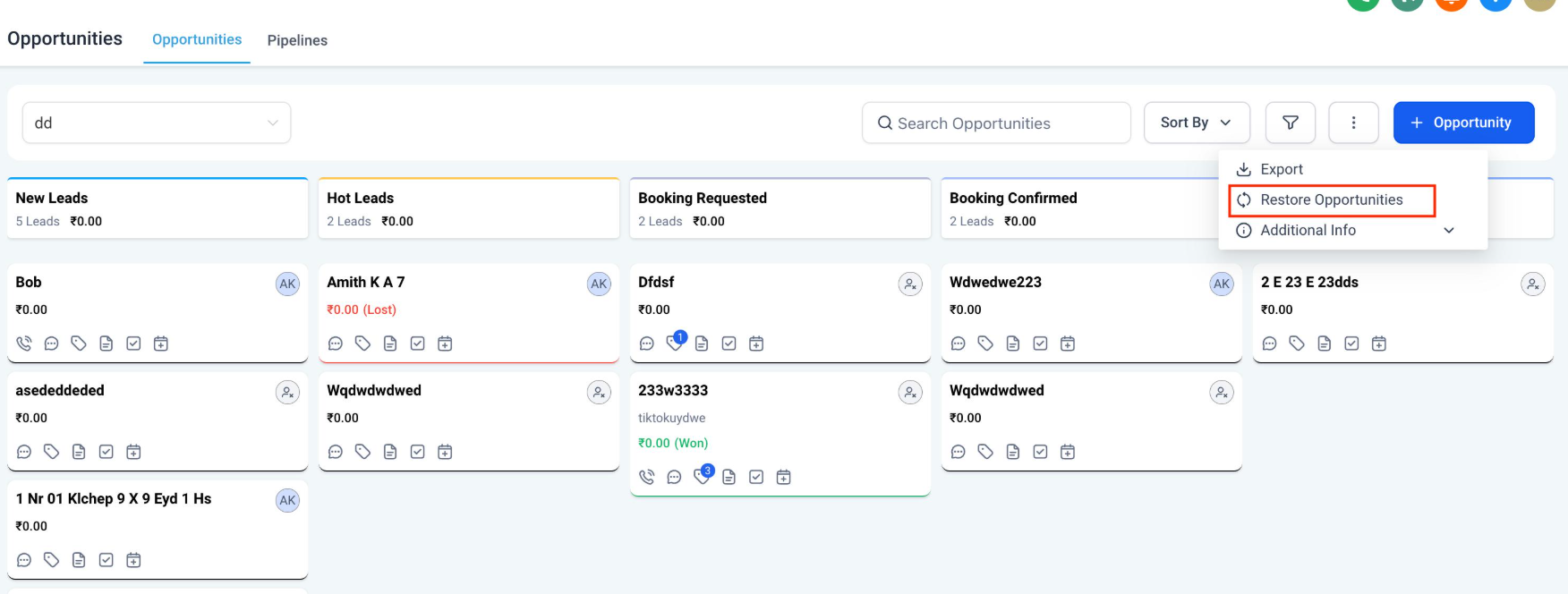 GoHighLevel Opportunities pipeline showing sales stages and opportunity records. GoHighLevel Opportunities pipeline showing sales stages and opportunity records.