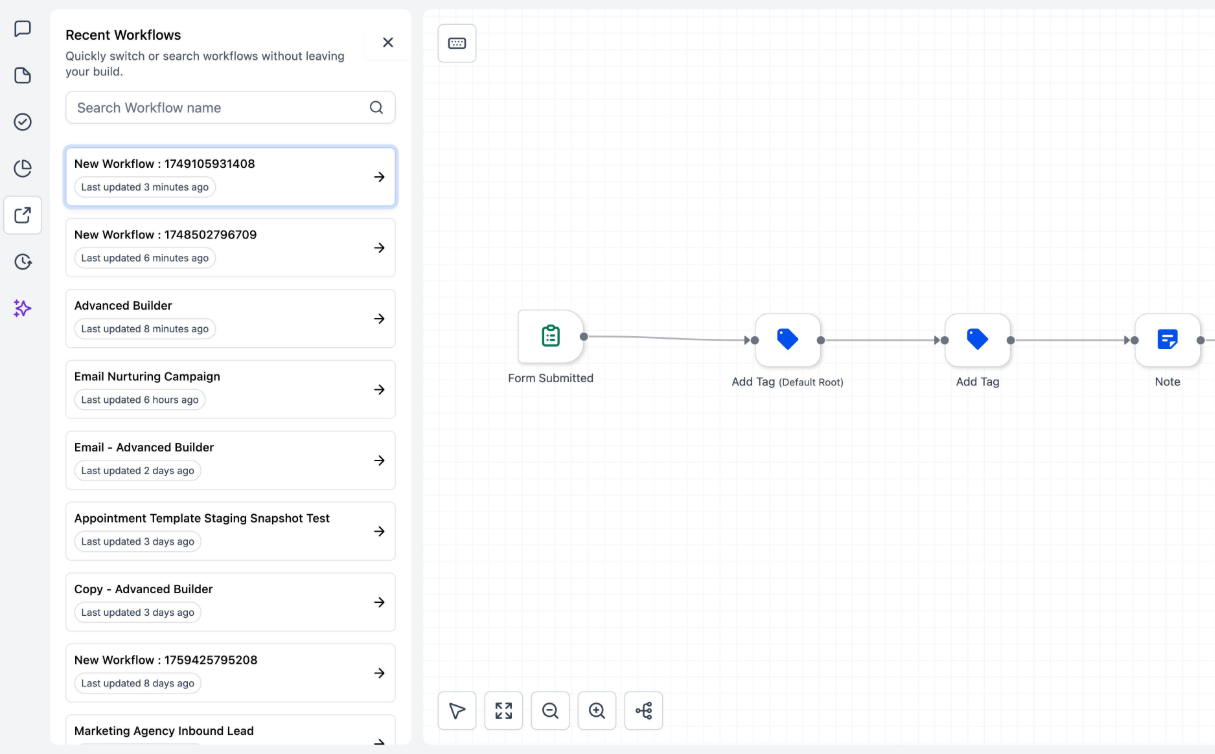 GoHighLevel workflow automation builder showing a lead follow up sequence and configured steps. GoHighLevel workflow automation builder showing a lead follow up sequence and configured steps.