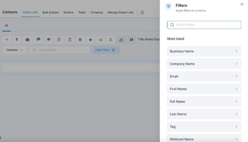 GoHighLevel CRM contacts list showing contact records and available organization tools. GoHighLevel CRM contacts list showing contact records and available organization tools.