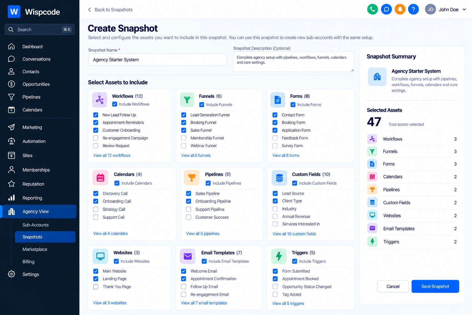 Wispcode Create Snapshot interface for selecting and configuring assets to include in new account configurations