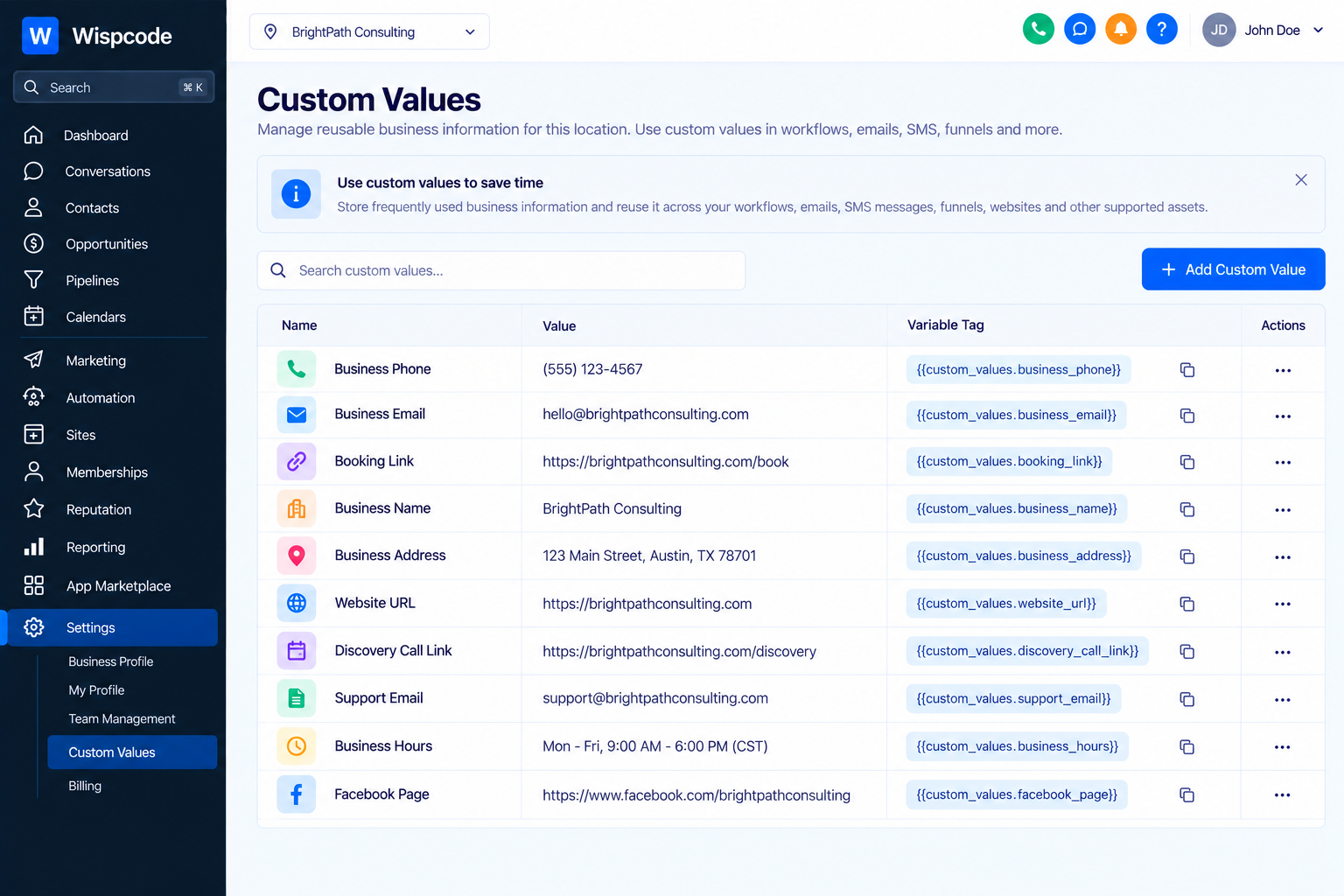 Wispcode Custom Values dashboard showing reusable business information and variable tags