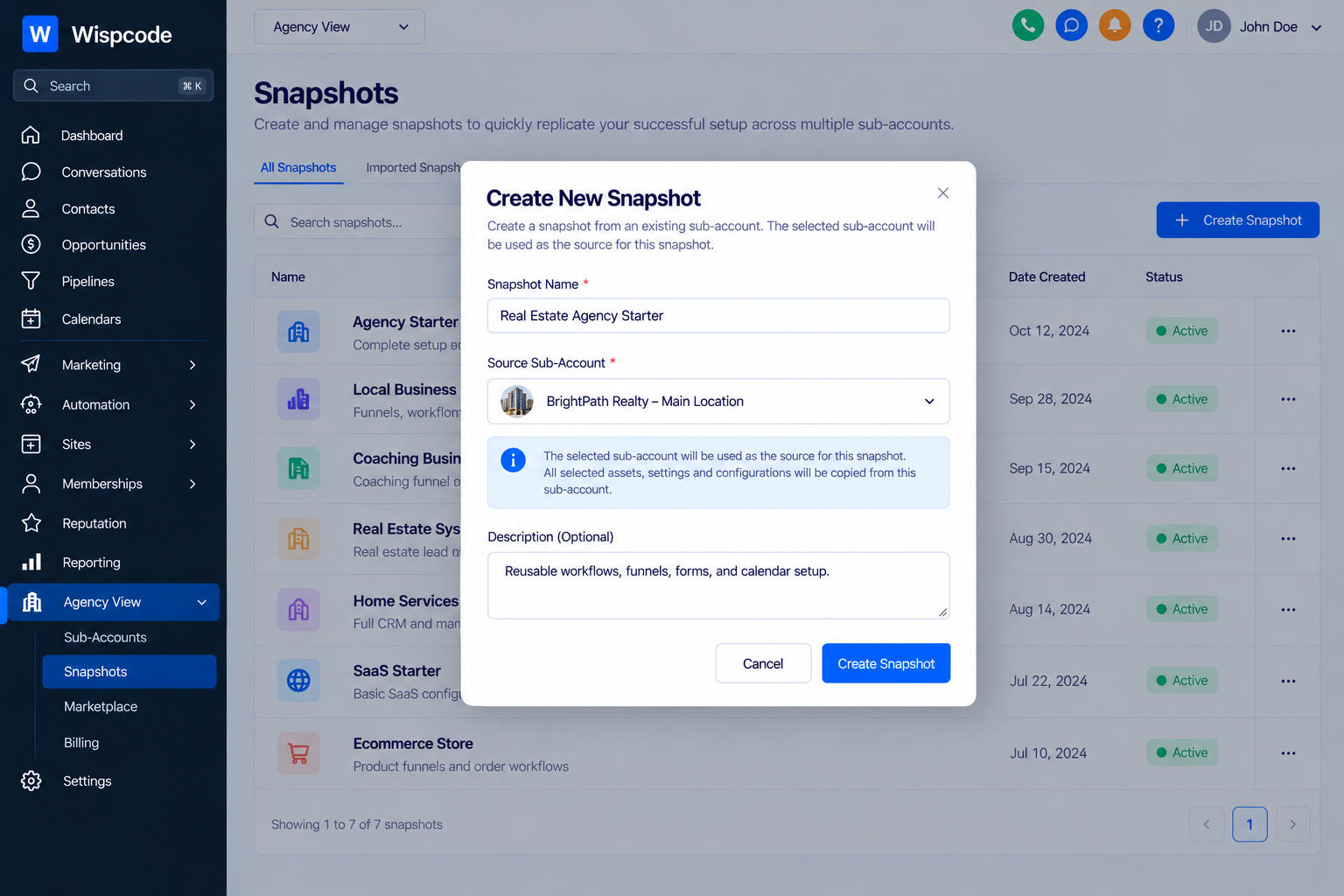 Wispcode Snapshots dashboard displaying the Create New Snapshot modal with source sub-account selection