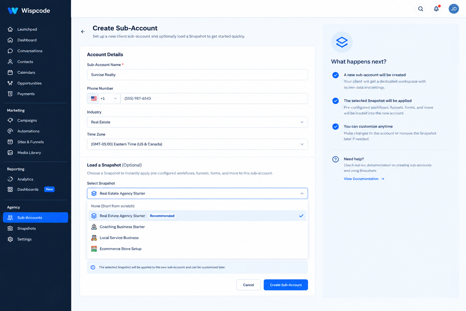 Wispcode Create Sub-Account screen featuring account details form and snapshot selection options