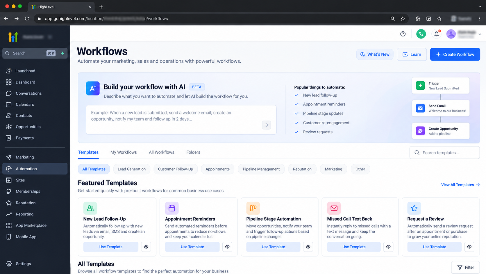 GoHighLevel workflow builder showing automated website lead capture, opportunity creation, email responses, user assignment, and follow-up conditions. GoHighLevel workflow builder showing automated website lead capture, opportunity creation, email responses, user assignment, and follow-up conditions.