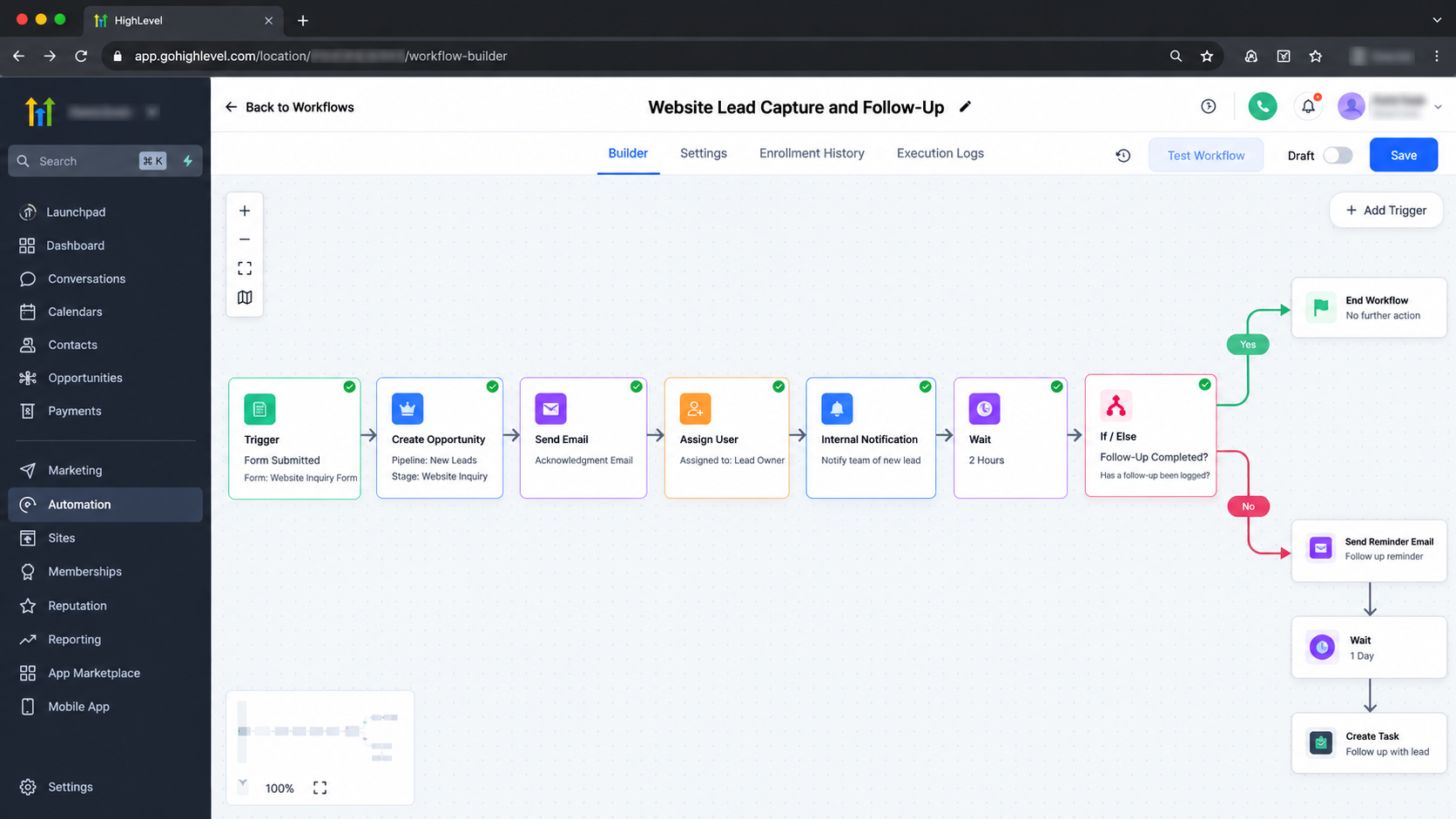 GoHighLevel automation dashboard showing workflow creation options, AI workflow builder, and templates for business process automation. GoHighLevel automation dashboard showing workflow creation options, AI workflow builder, and templates for business process automation.