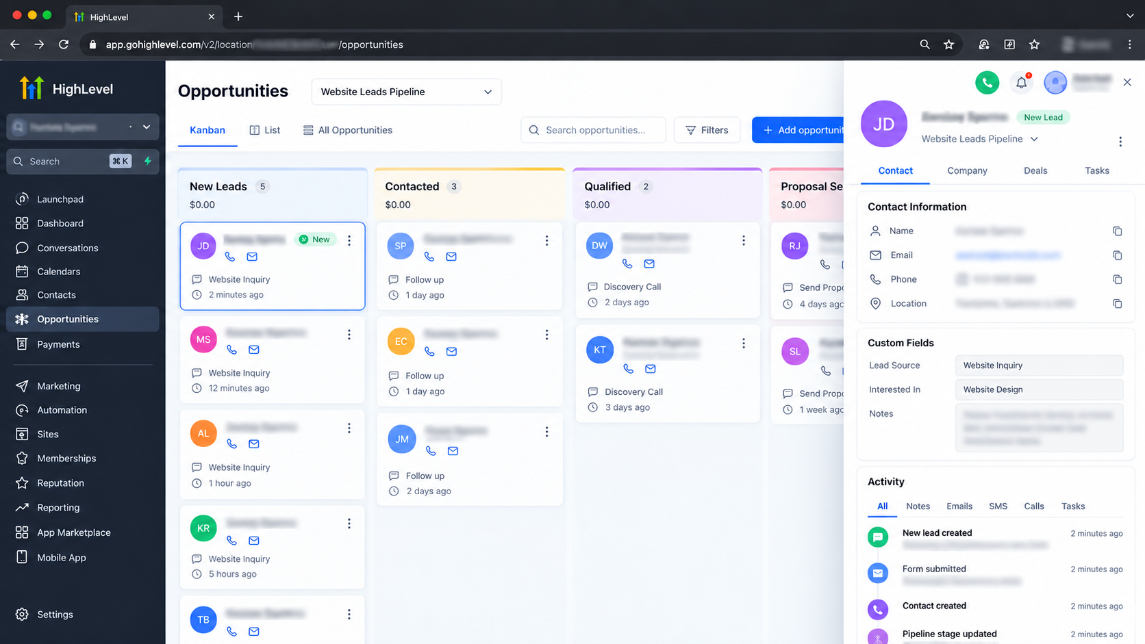 GoHighLevel CRM opportunities dashboard showing automated lead organization, sales pipeline stages, and contact management. GoHighLevel CRM opportunities dashboard showing automated lead organization, sales pipeline stages, and contact management.