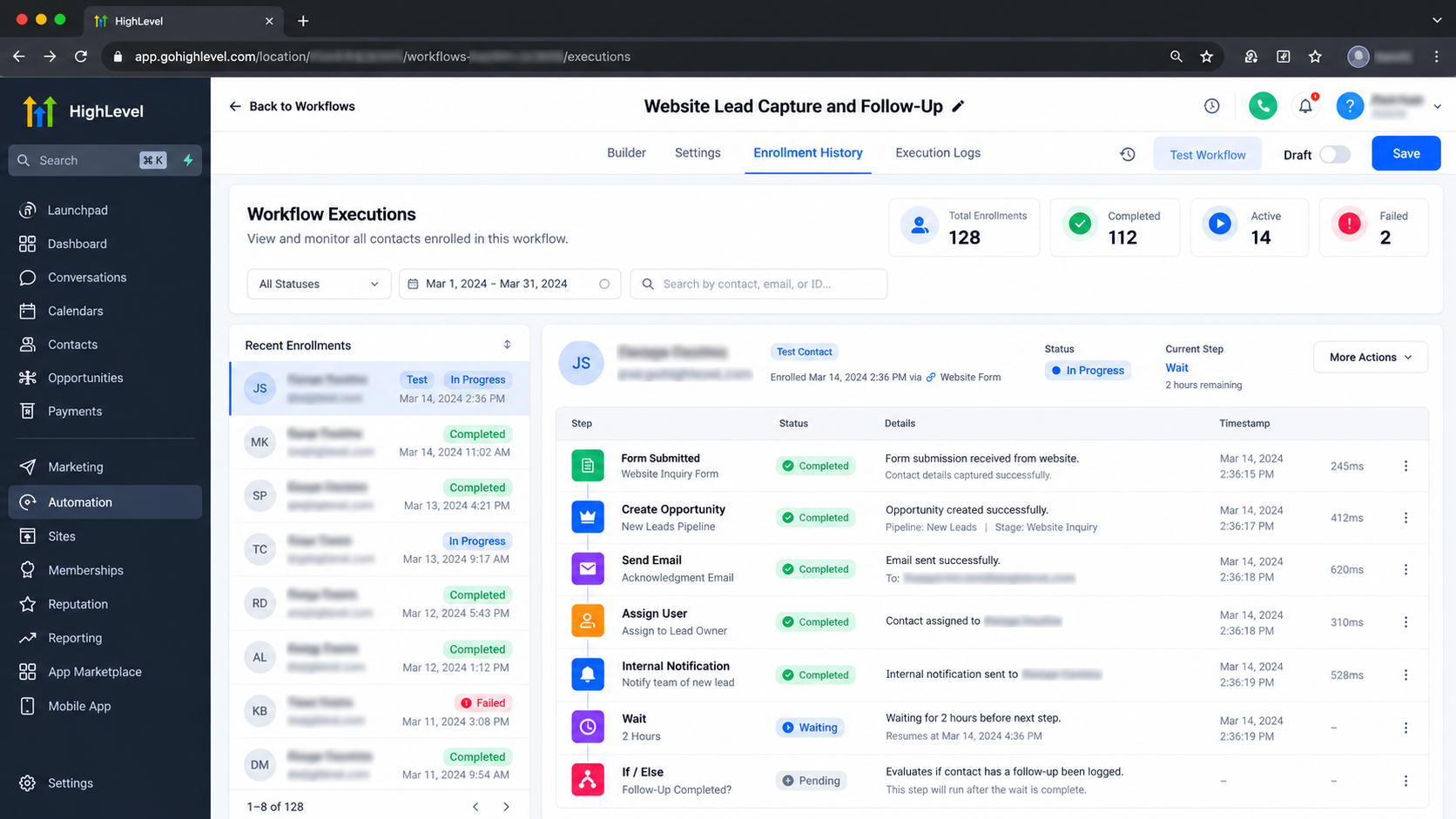 GoHighLevel workflow execution history showing automation testing, completed actions, lead enrollment, and workflow status monitoring. GoHighLevel workflow execution history showing automation testing, completed actions, lead enrollment, and workflow status monitoring.