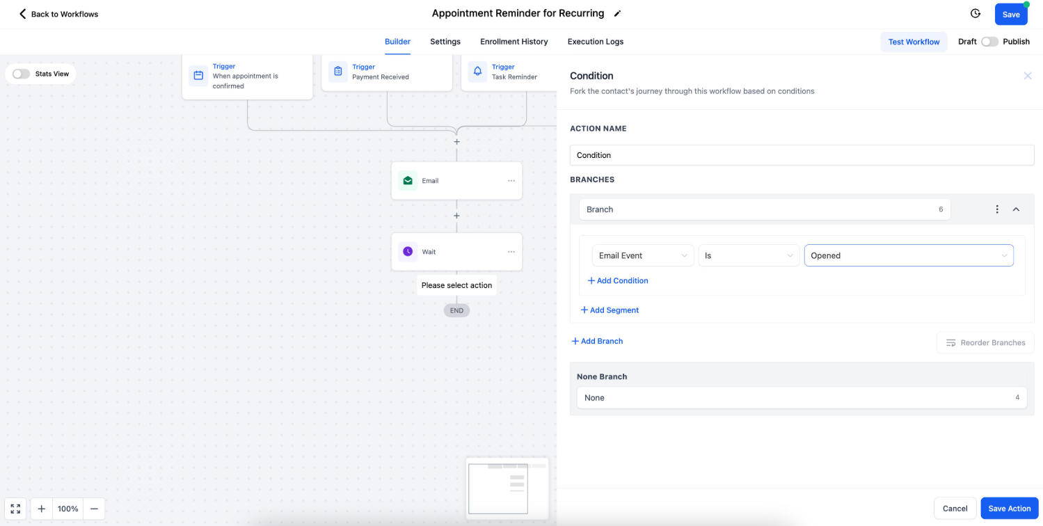 GoHighLevel Workflow Builder showing a Contact Created trigger for a lead qualification workflow. GoHighLevel Workflow Builder showing a Contact Created trigger for a lead qualification workflow.