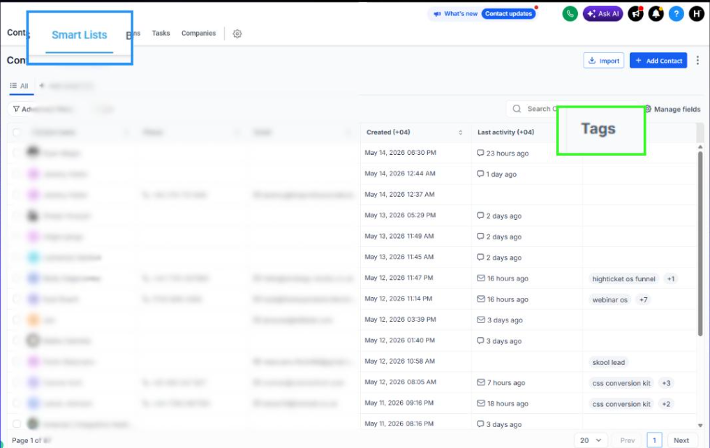 GoHighLevel CRM contact record displaying custom fields and tags used to support lead qualification. GoHighLevel CRM contact record displaying custom fields and tags used to support lead qualification.