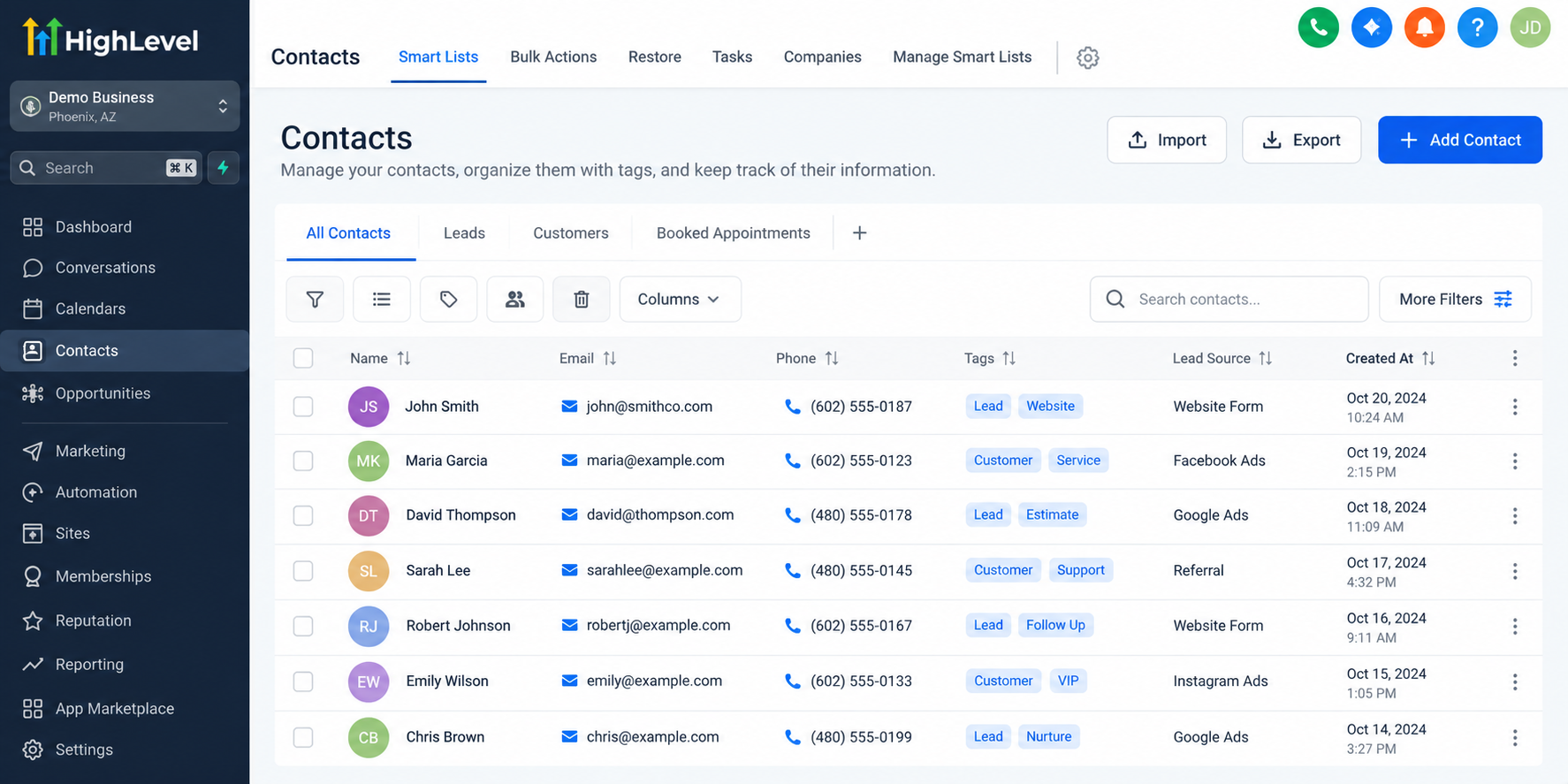 GoHighLevel CRM contacts dashboard showing lead management, contact details, tags, lead sources, and customer segmentation for growing businesses. GoHighLevel CRM contacts dashboard showing lead management, contact details, tags, lead sources, and customer segmentation for growing businesses.