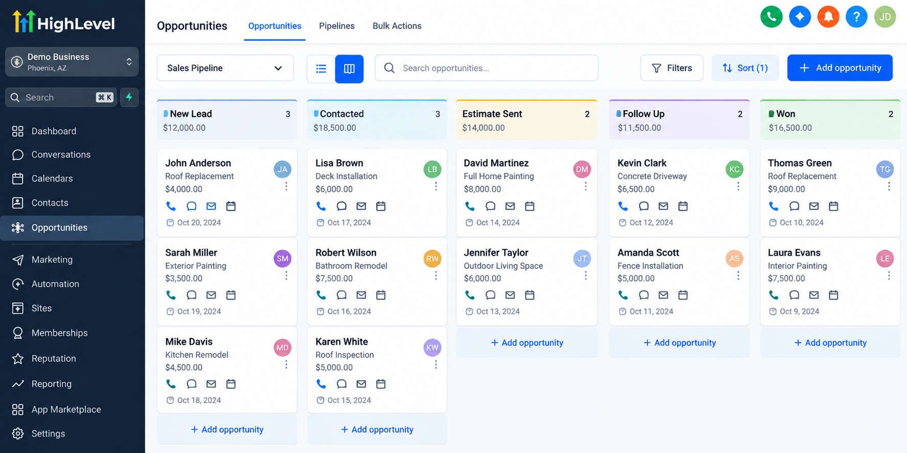 GoHighLevel sales pipeline dashboard showing opportunities organized into New Lead, Contacted, Estimate Sent, Follow Up, and Won stages for tracking business sales. GoHighLevel sales pipeline dashboard showing opportunities organized into New Lead, Contacted, Estimate Sent, Follow Up, and Won stages for tracking business sales.