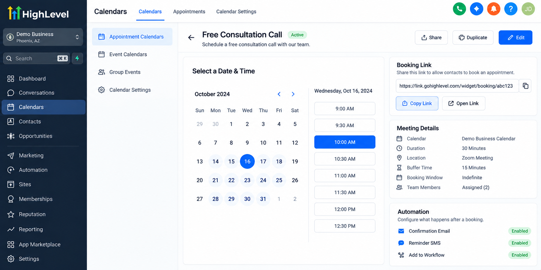 GoHighLevel appointment scheduling calendar showing available booking dates, time slots, consultation details, and automated appointment reminders. GoHighLevel appointment scheduling calendar showing available booking dates, time slots, consultation details, and automated appointment reminders.