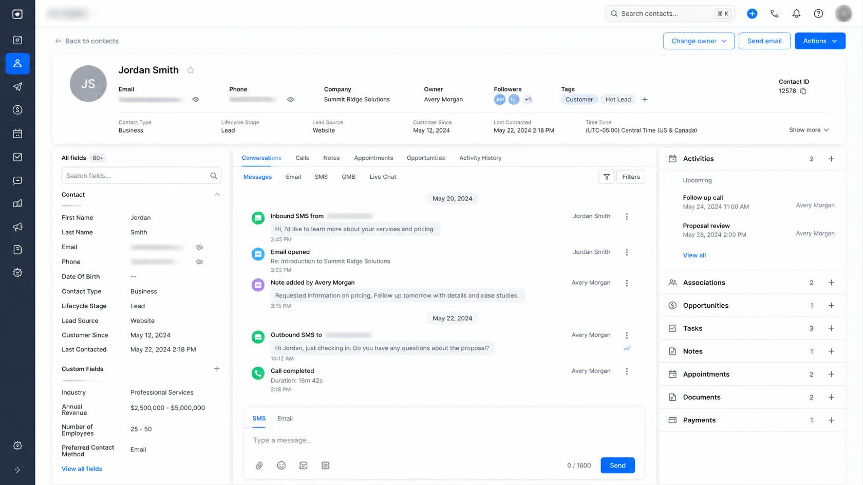 GoHighLevel CRM contact record displaying organized contact information fields. GoHighLevel CRM contact record displaying organized contact information fields.