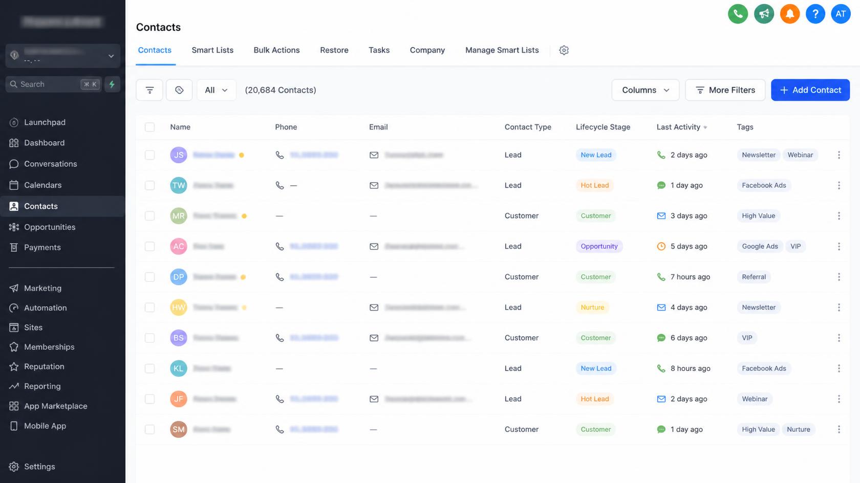 GoHighLevel CRM contact records showing missing email addresses and phone numbers. GoHighLevel CRM contact records showing missing email addresses and phone numbers.