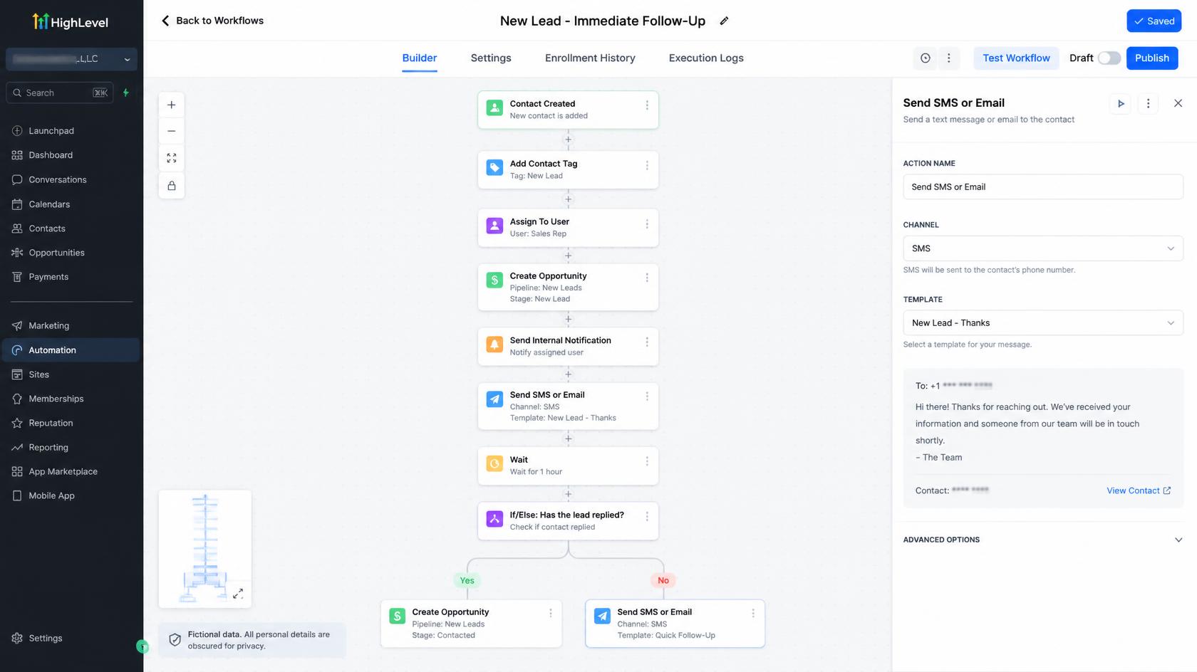 GoHighLevel workflow builder displaying connected automation steps for lead follow-up. GoHighLevel workflow builder displaying connected automation steps for lead follow-up.