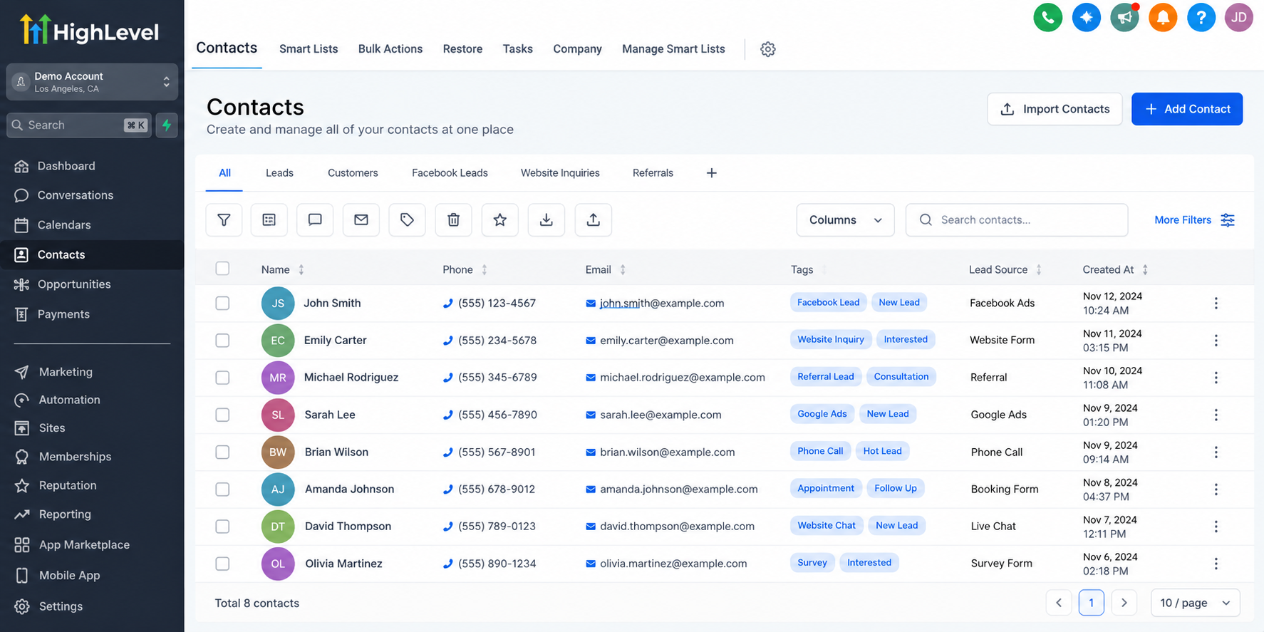 GoHighLevel CRM contacts dashboard displaying centralized contact records, lead sources, contact tags, phone numbers, and email addresses. GoHighLevel CRM contacts dashboard displaying centralized contact records, lead sources, contact tags, phone numbers, and email addresses.