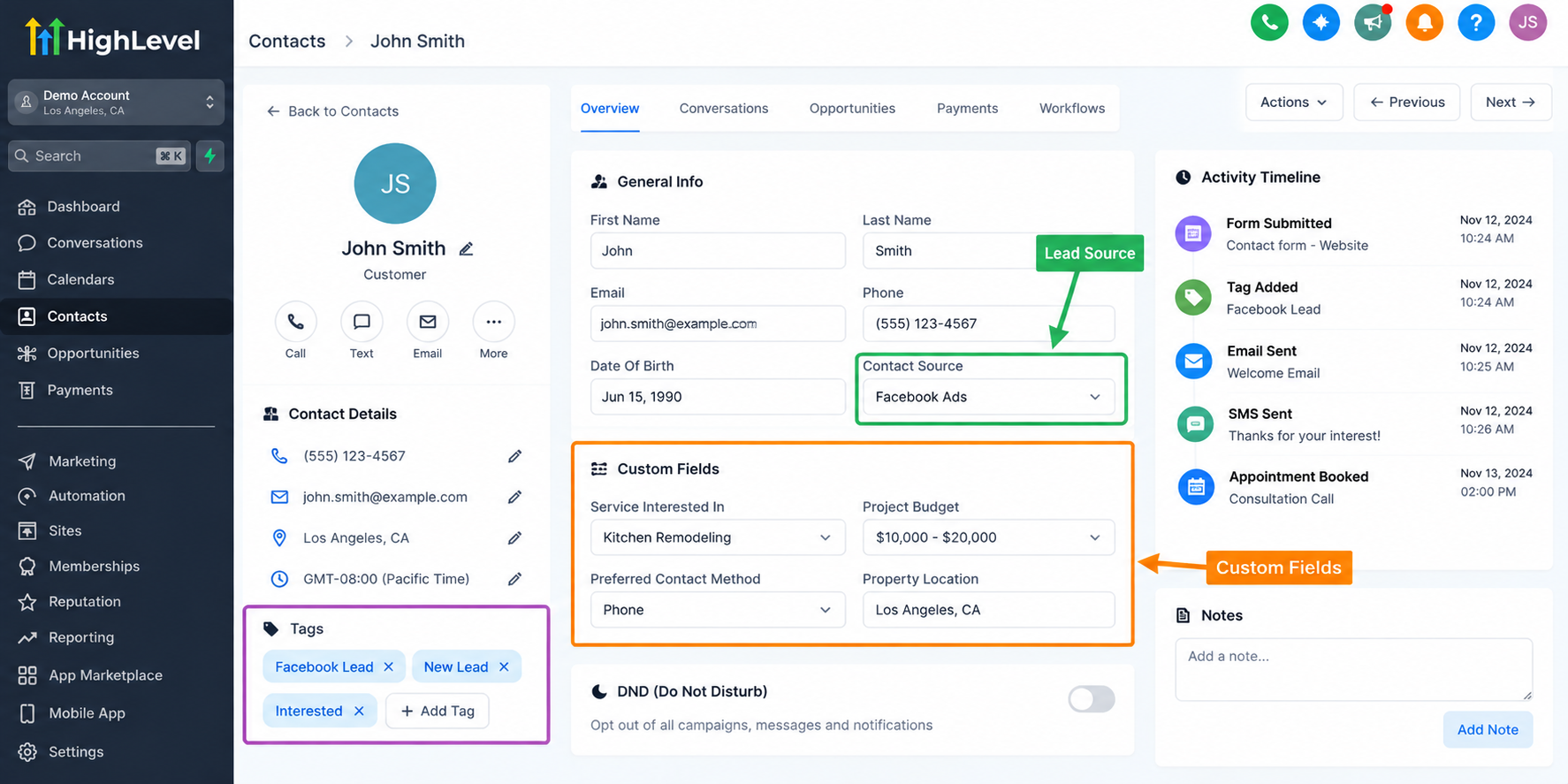 GoHighLevel CRM contact profile displaying contact tags, custom fields, Facebook Ads lead source, customer details, and activity timeline. GoHighLevel CRM contact profile displaying contact tags, custom fields, Facebook Ads lead source, customer details, and activity timeline.