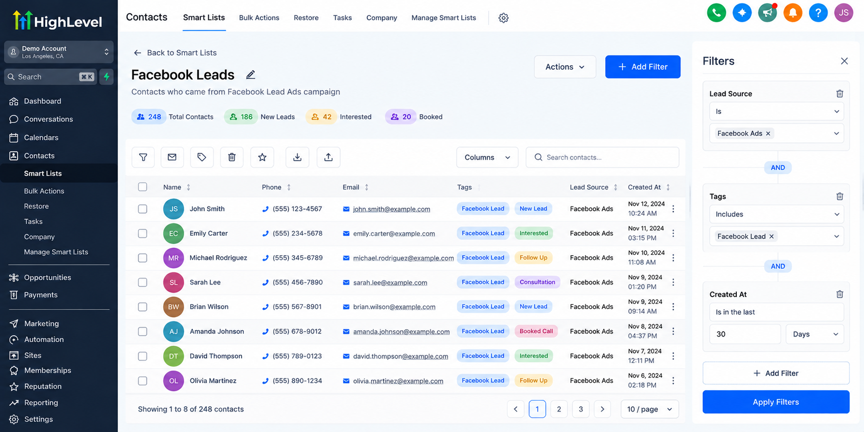 GoHighLevel Smart Lists dashboard showing Facebook leads filtered by lead source, contact tags, and creation date for organized CRM contact management. GoHighLevel Smart Lists dashboard showing Facebook leads filtered by lead source, contact tags, and creation date for organized CRM contact management.