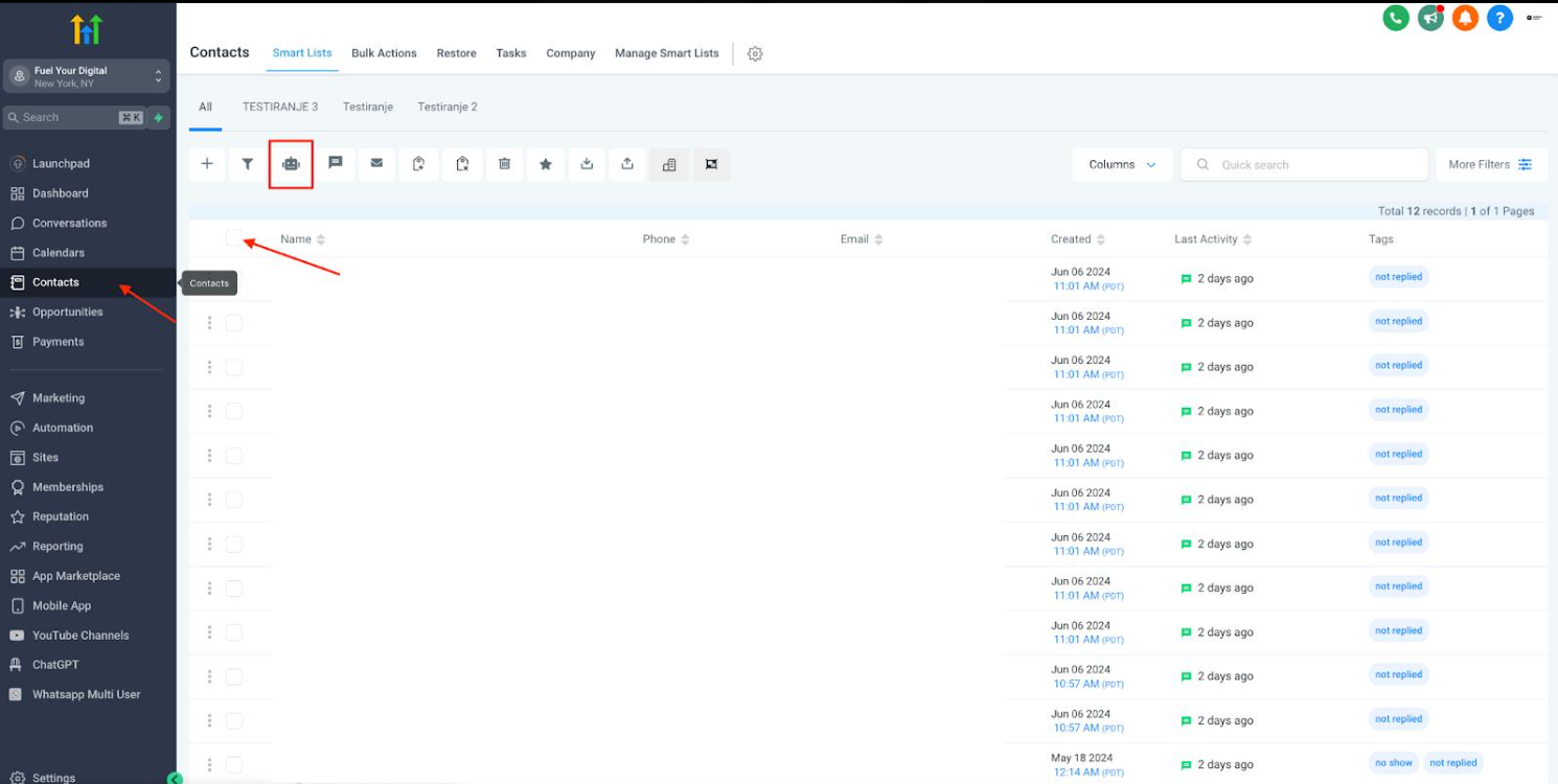 GoHighLevel CRM contacts interface displaying contact records and contact management tools. GoHighLevel CRM contacts interface displaying contact records and contact management tools.