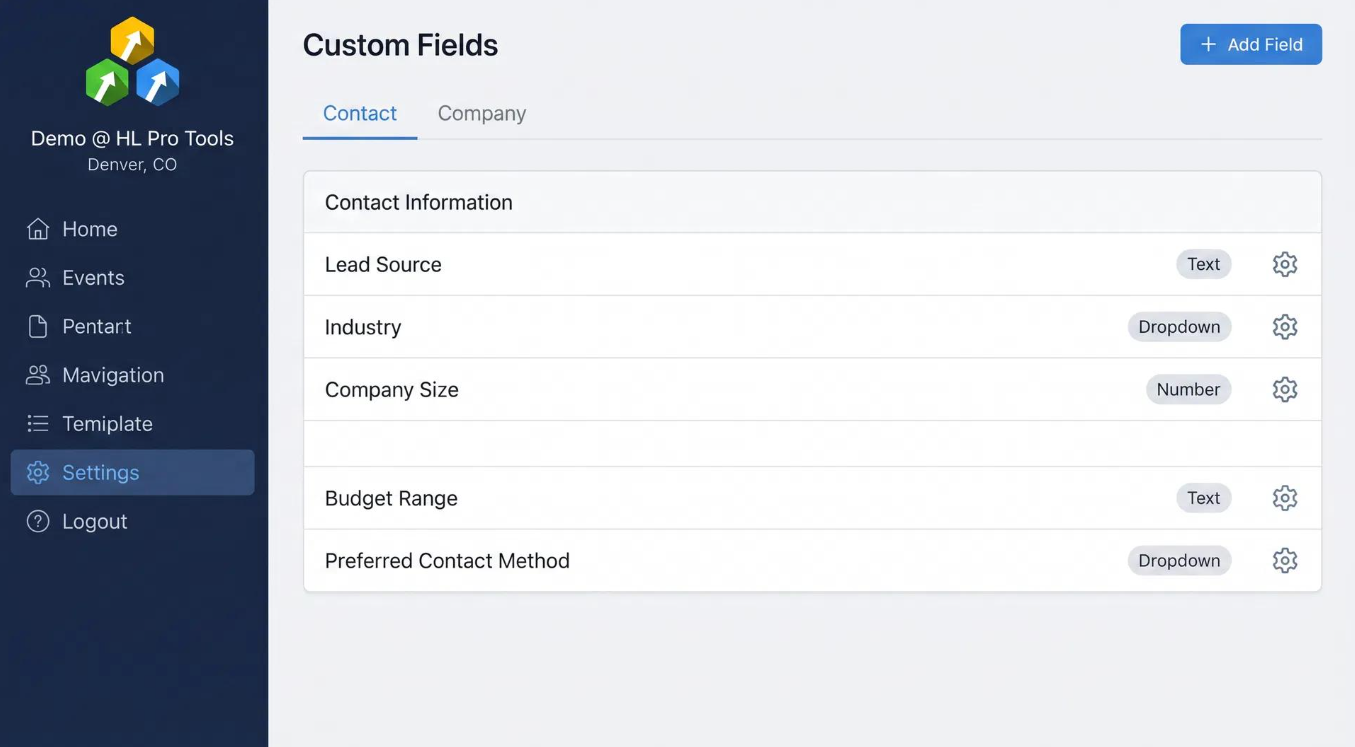 GoHighLevel Custom Fields interface showing field management and organized CRM data fields. GoHighLevel Custom Fields interface showing field management and organized CRM data fields.