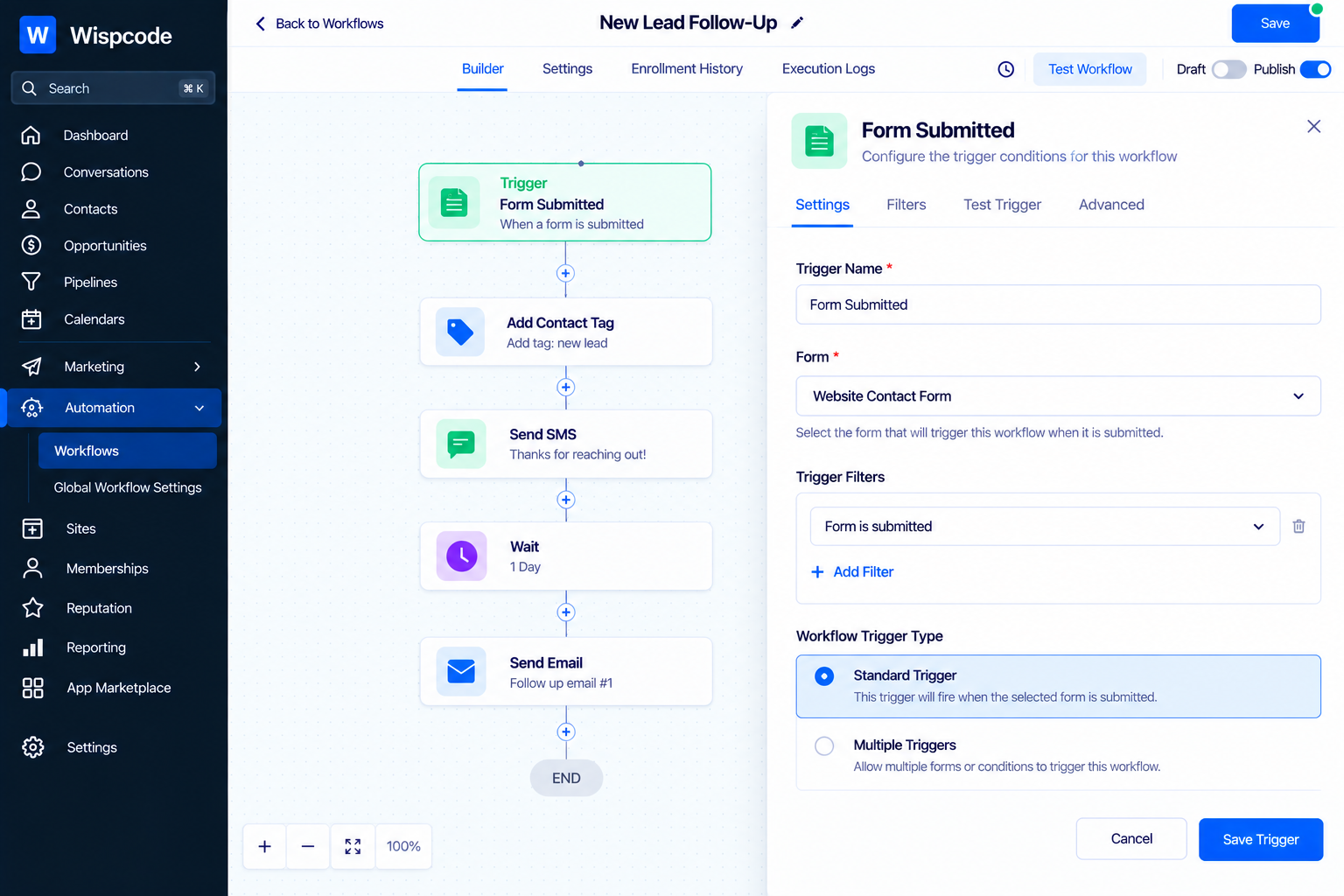 Wispcode workflow builder displaying a New Lead Follow-Up automation with form submission trigger settings