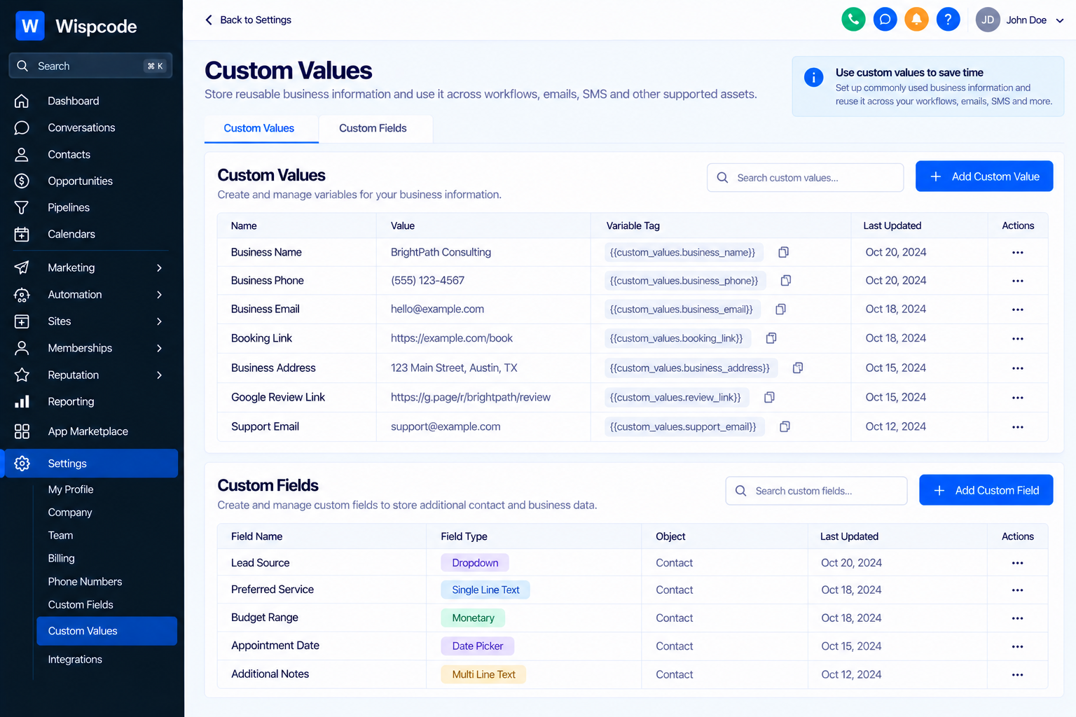 Wispcode Custom Values and Custom Fields settings dashboard showing business variables and contact data configurations