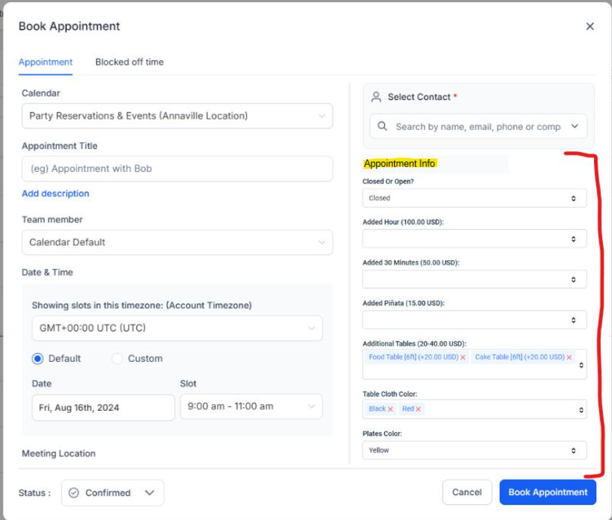 GoHighLevel in-app appointment modal for creating a service or rental booking. GoHighLevel in-app appointment modal for creating a service or rental booking.