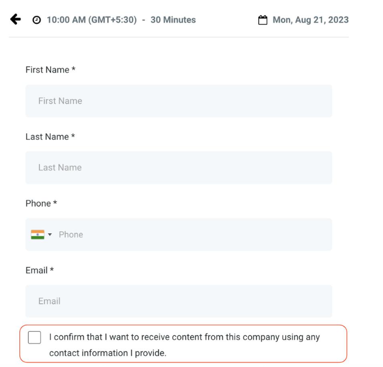 GoHighLevel booking form displaying prefilled first name, last name, email, and phone fields. GoHighLevel booking form displaying prefilled first name, last name, email, and phone fields.