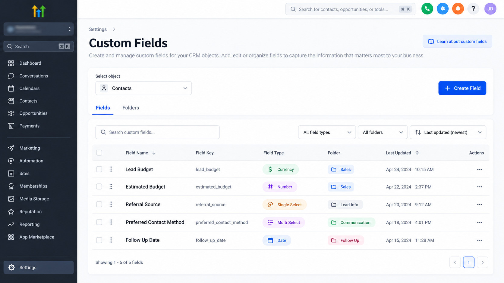 GoHighLevel custom fields dashboard showing contact fields, field keys, field types, and folders GoHighLevel custom fields dashboard showing contact fields, field keys, field types, and folders