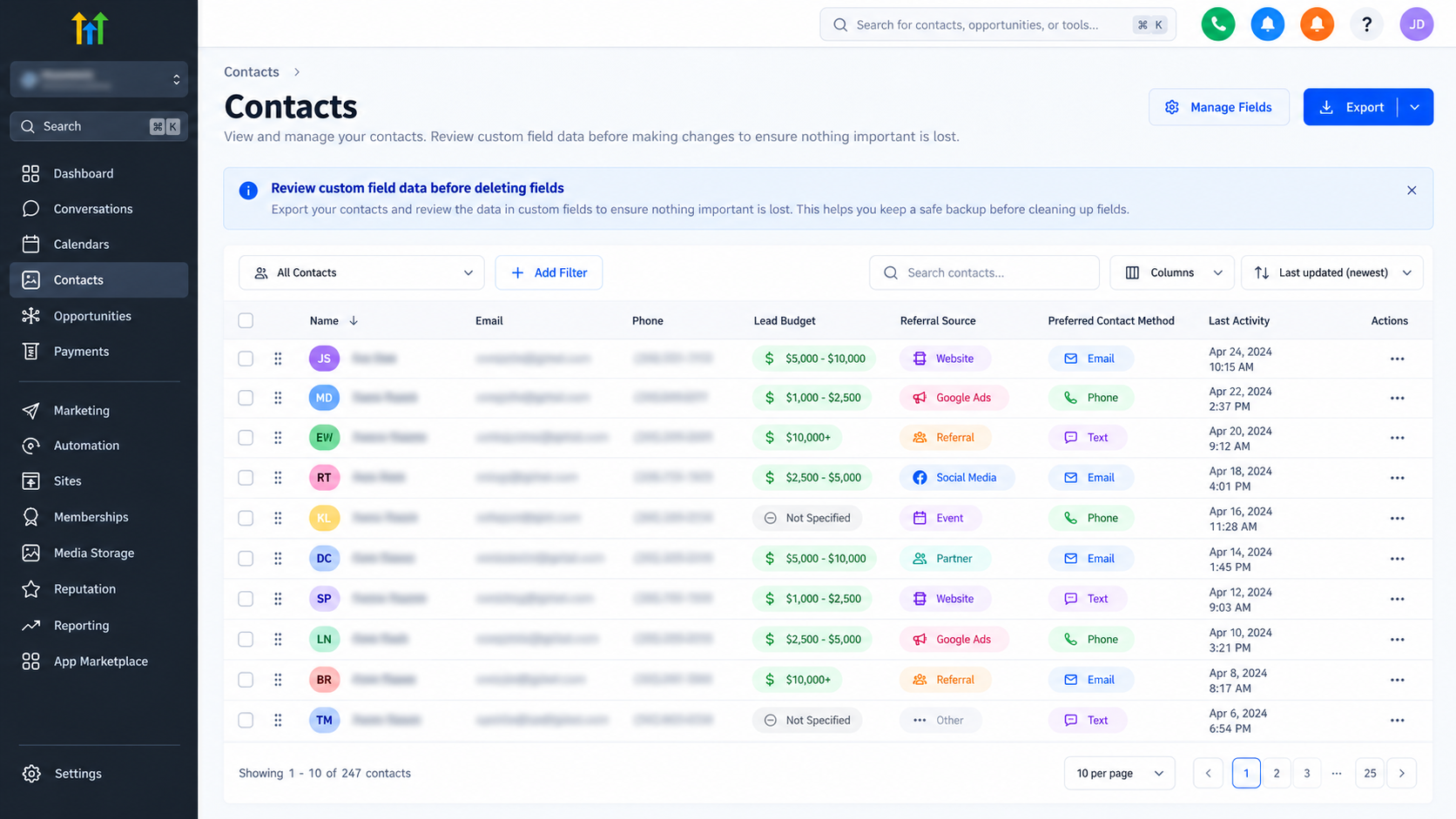 GoHighLevel contacts dashboard showing custom field data review and export options with sensitive contact details blurred GoHighLevel contacts dashboard showing custom field data review and export options with sensitive contact details blurred