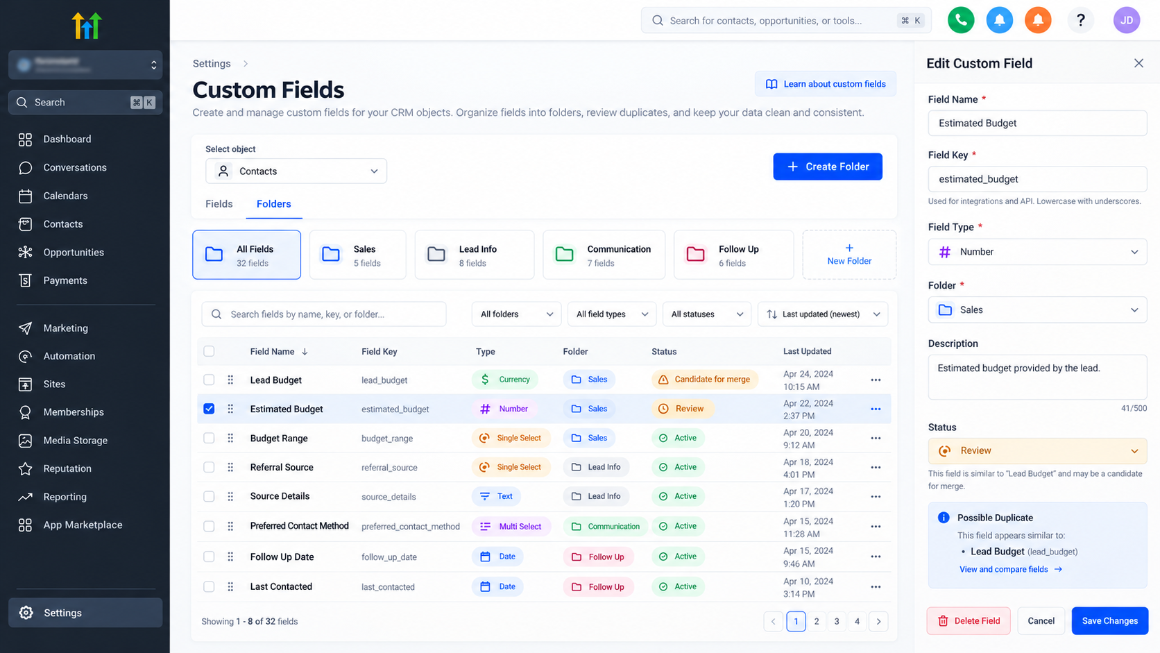 GoHighLevel custom fields management screen showing folders, duplicate review, and field edit options GoHighLevel custom fields management screen showing folders, duplicate review, and field edit options