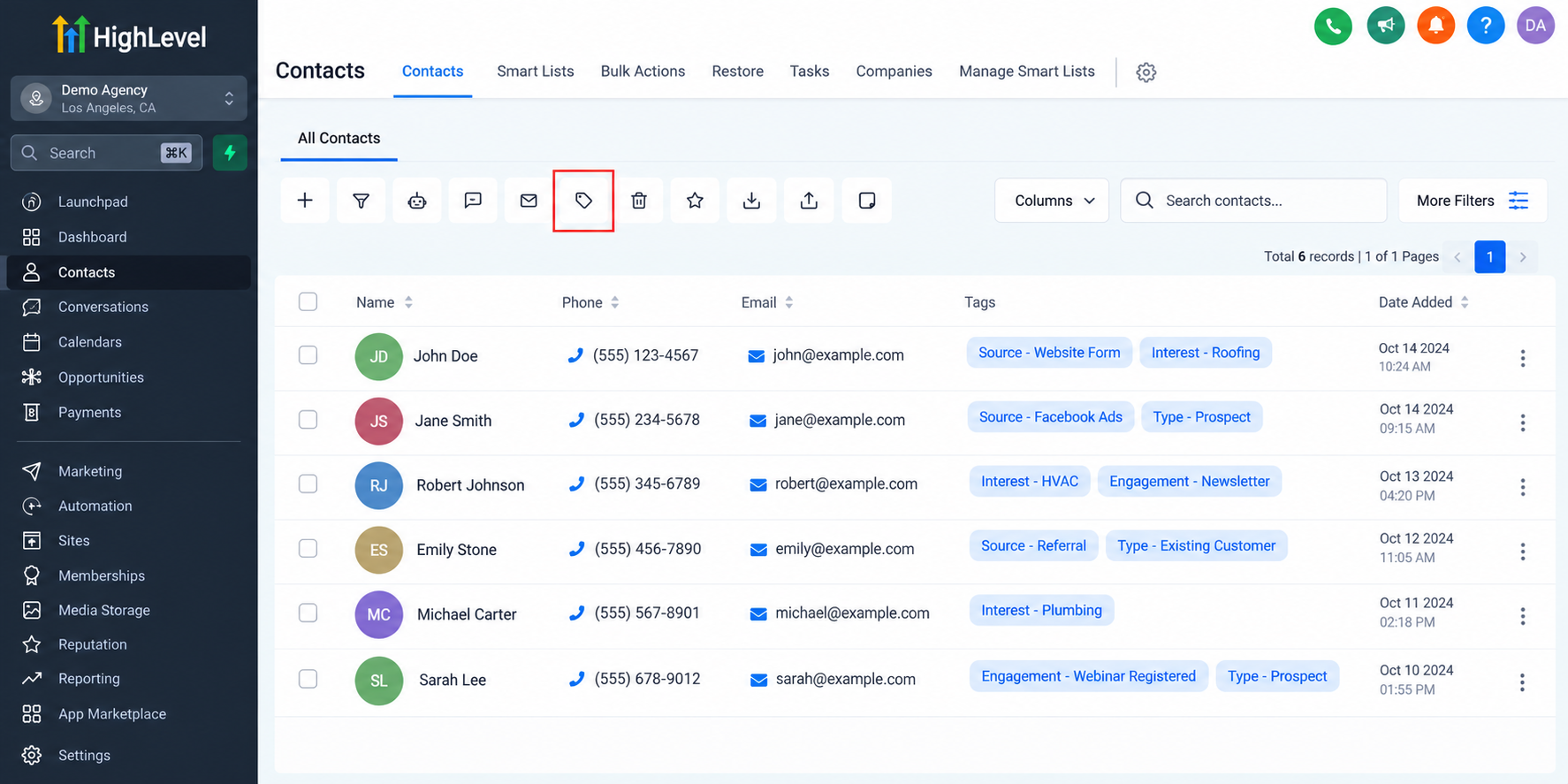 GoHighLevel Contacts dashboard displaying organized contact tags for lead sources, service interests, customer classifications, and engagement. GoHighLevel Contacts dashboard displaying organized contact tags for lead sources, service interests, customer classifications, and engagement.