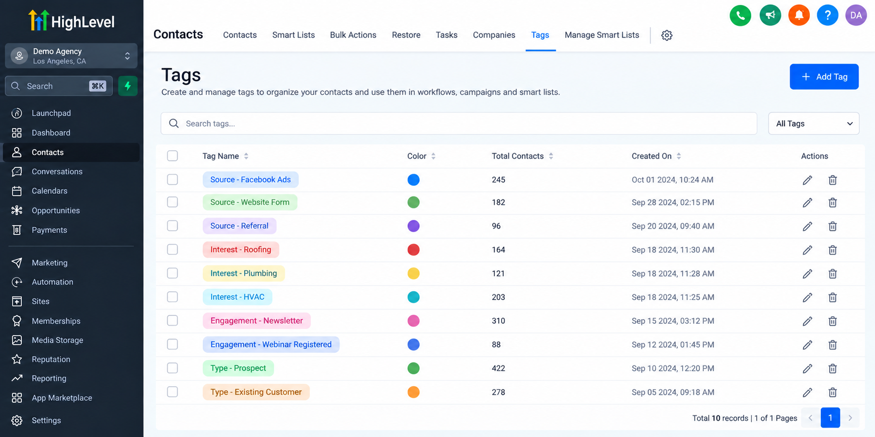 GoHighLevel CRM contact tag organization example showing consistent naming conventions for lead sources, service interests, engagement, and customer classifications. GoHighLevel CRM contact tag organization example showing consistent naming conventions for lead sources, service interests, engagement, and customer classifications.