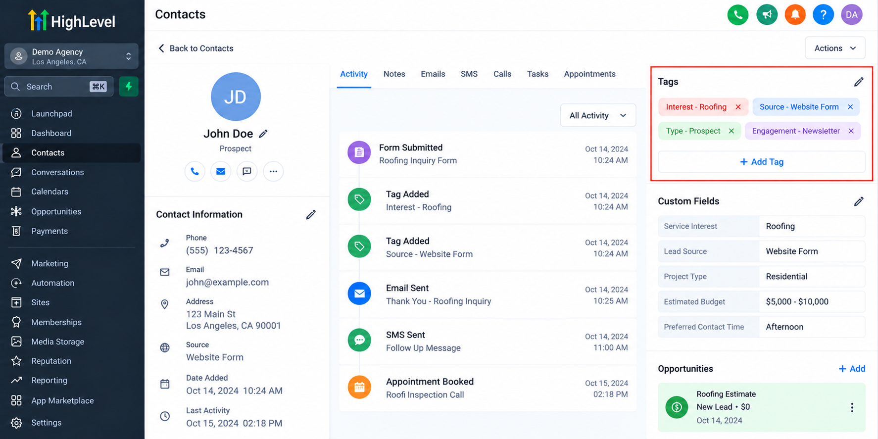 GoHighLevel contact profile showing organized contact tags, custom fields, activity history, and opportunity details for effective CRM management. GoHighLevel contact profile showing organized contact tags, custom fields, activity history, and opportunity details for effective CRM management.