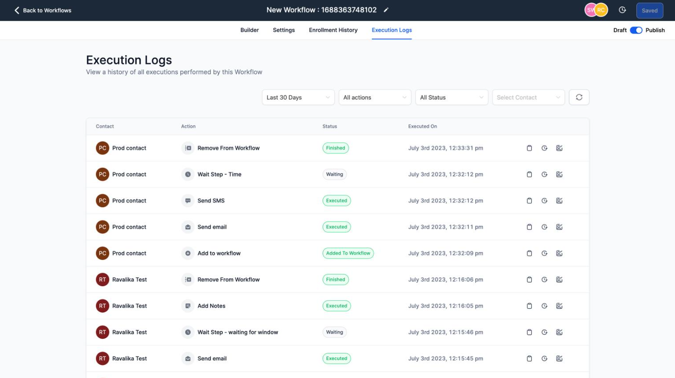 GoHighLevel workflow execution history showing contact progression and available diagnostic details. GoHighLevel workflow execution history showing contact progression and available diagnostic details.