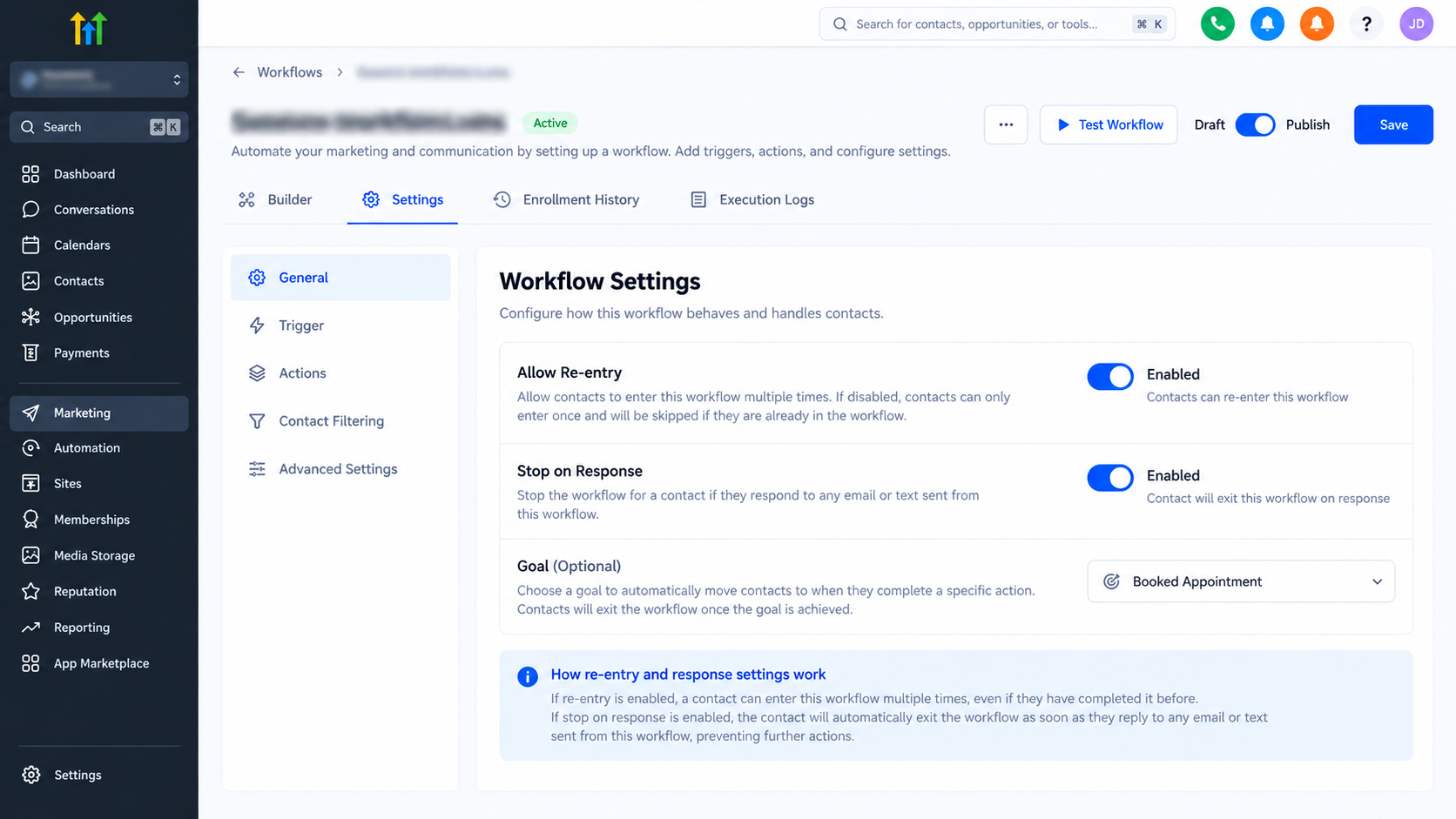GoHighLevel workflow settings showing Allow Re-entry and Stop on Response options for controlling contact automation behavior GoHighLevel workflow settings showing Allow Re-entry and Stop on Response options for controlling contact automation behavior