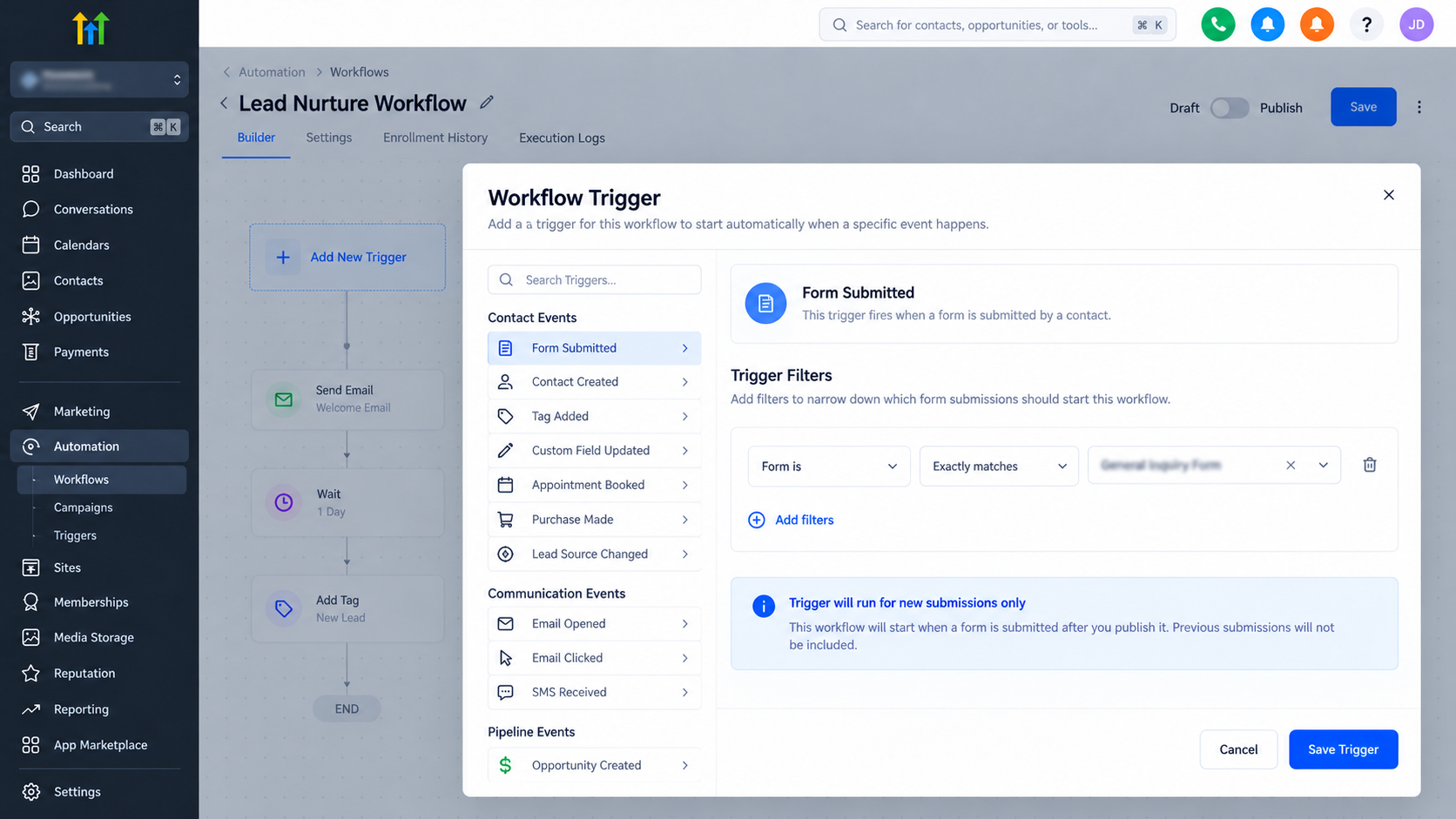 GoHighLevel Form Submitted workflow trigger with form selection filters for controlling contact enrollment GoHighLevel Form Submitted workflow trigger with form selection filters for controlling contact enrollment